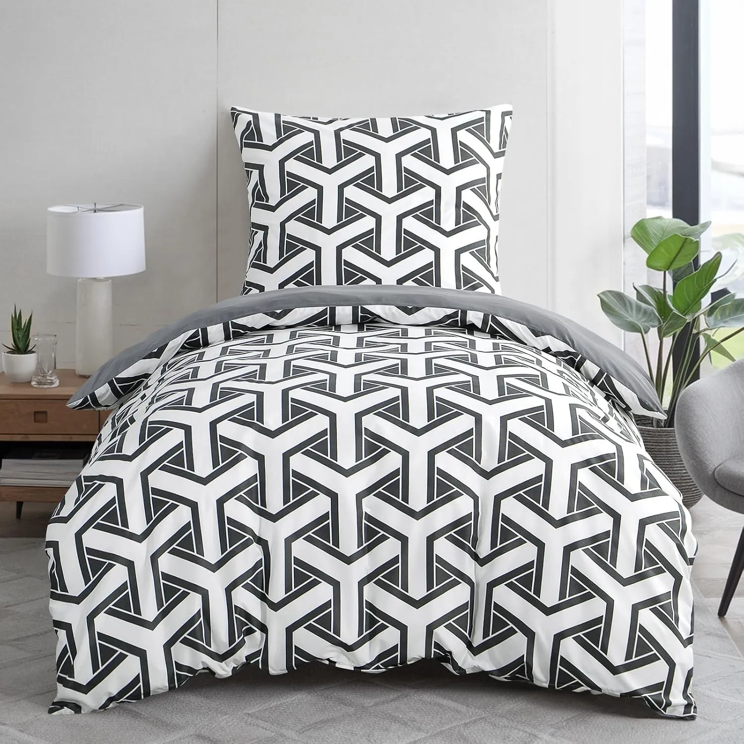 Aisbo Bettwäsche 155x220 Bettdeckenbezug - Bettwäsche Set 155 x 220 cm Geometrisch Grau Muster mit Kissenbezug 80x80 cm…