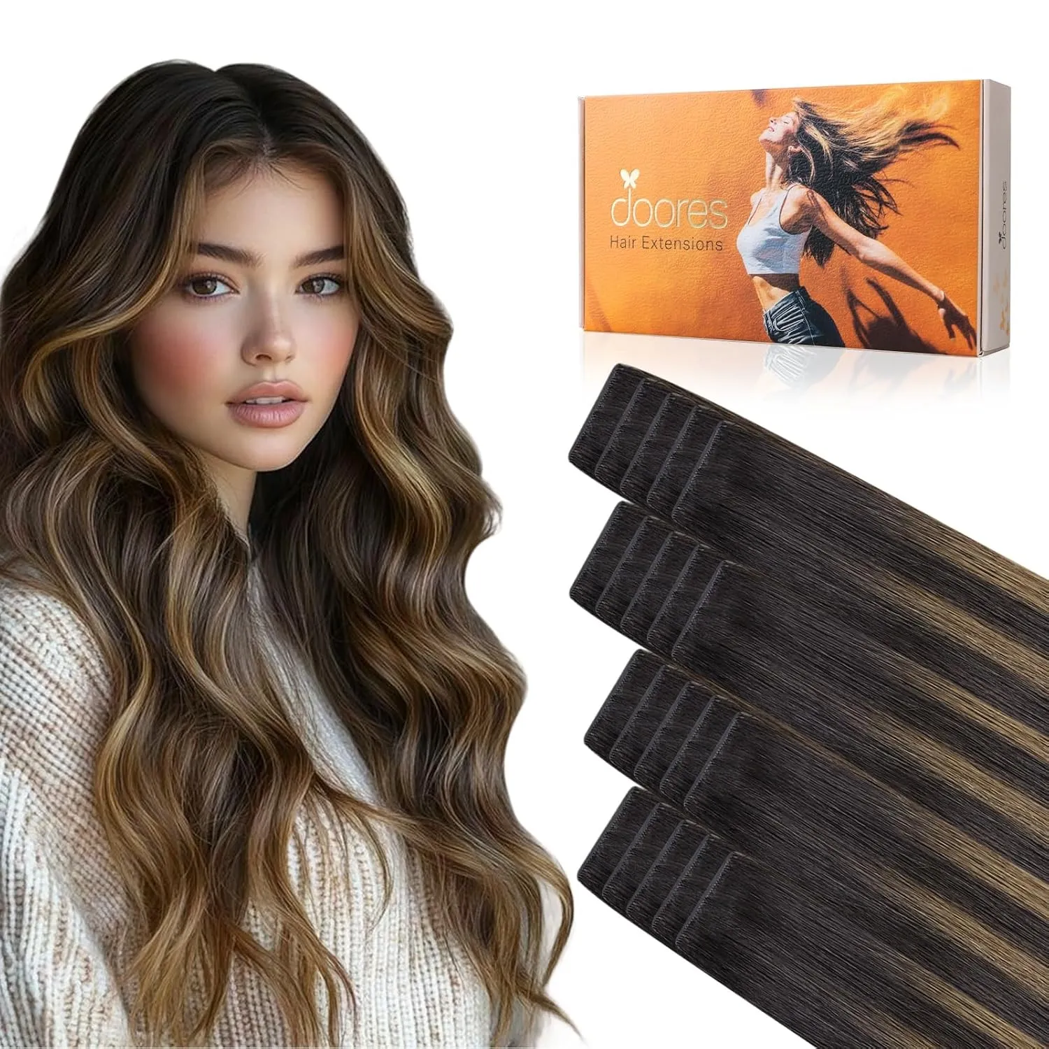 DOORES Invisi Edge Tape-in-Weft-Haarverlängerungen, 45cm/50g/20pcs, dunkelbraun-kastanienbraun, Innov. Injektionsband T…