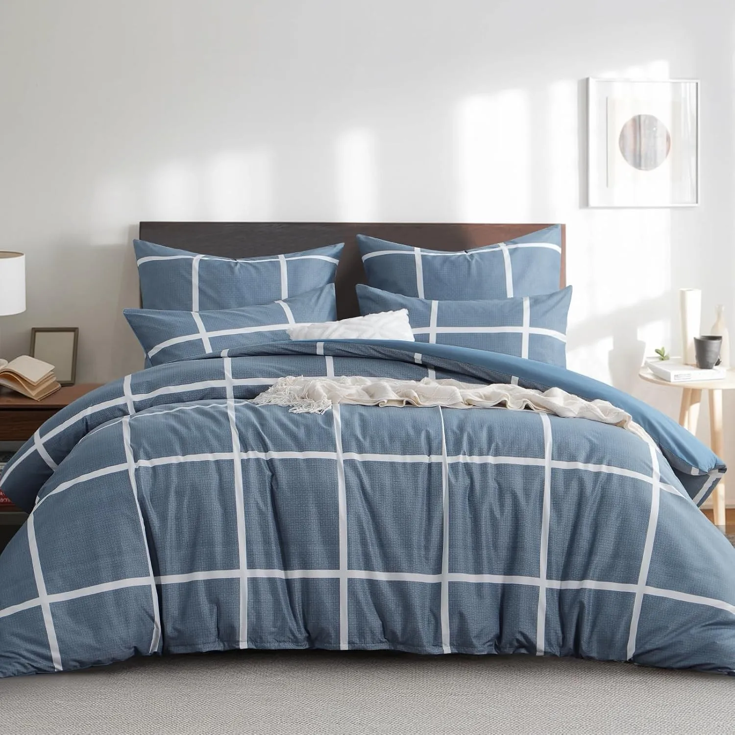 RUIKASI Bettwäsche 200x200 3 teilig Denimblau - Bettbezug 200 x 200 Set mit Karo Muster, Bettwäsche-Sets 200x200cm aus …