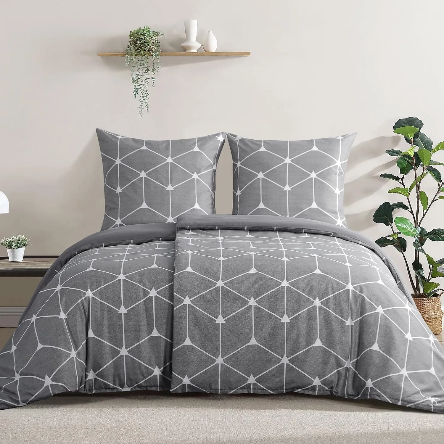 RUIKASI Bettwäsche 135x200 4teilig Hellgrau - Bettbezüge 135 x 200 2er Set mit Geometrie Muster, Bettwäsche-Sets 135x20…