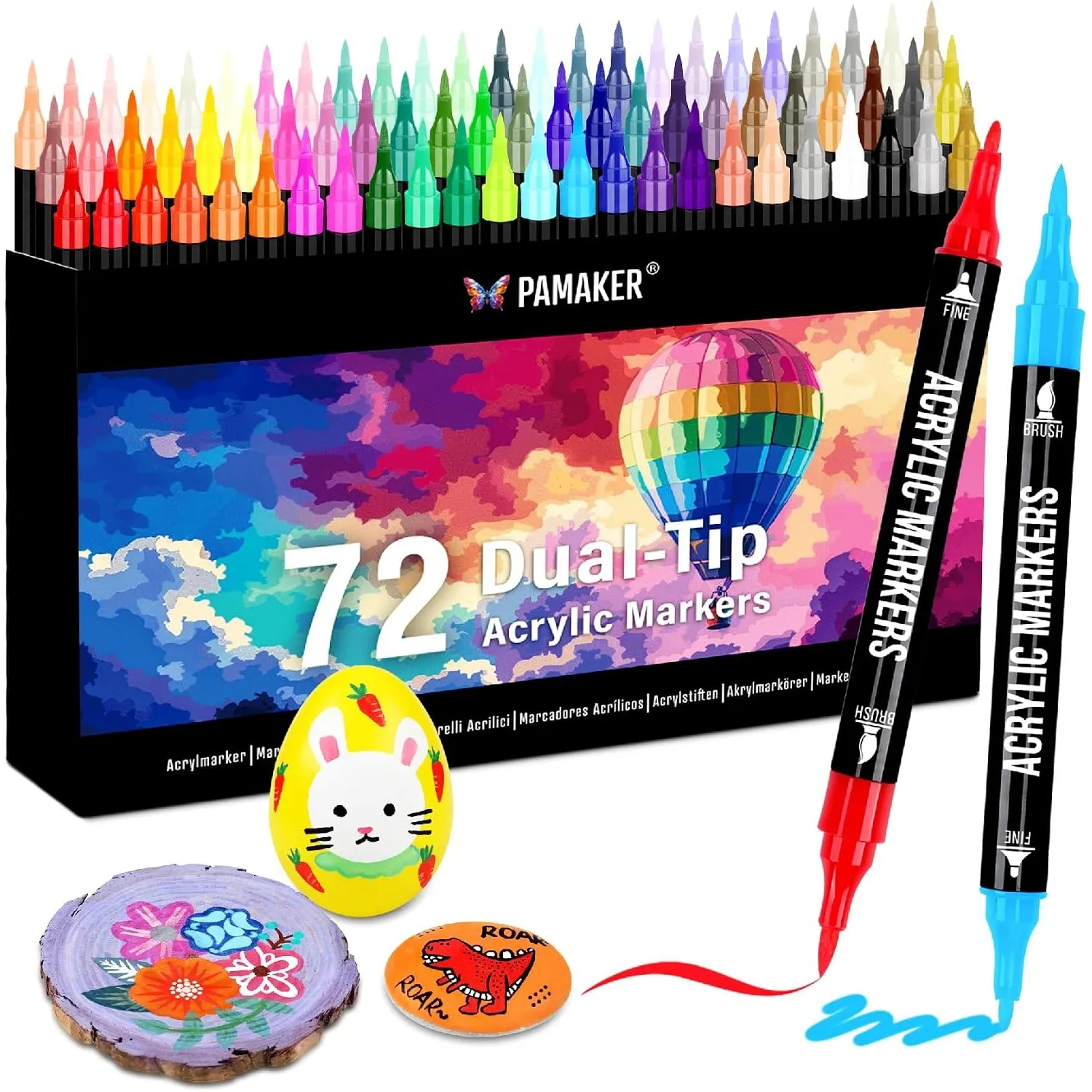 Pamaker 72 Farben Acrylstifte Set – Acrylmarker mit feiner Spitze und Pinsel für Stoff, Leinwand, Glas, Holz und Papier…
