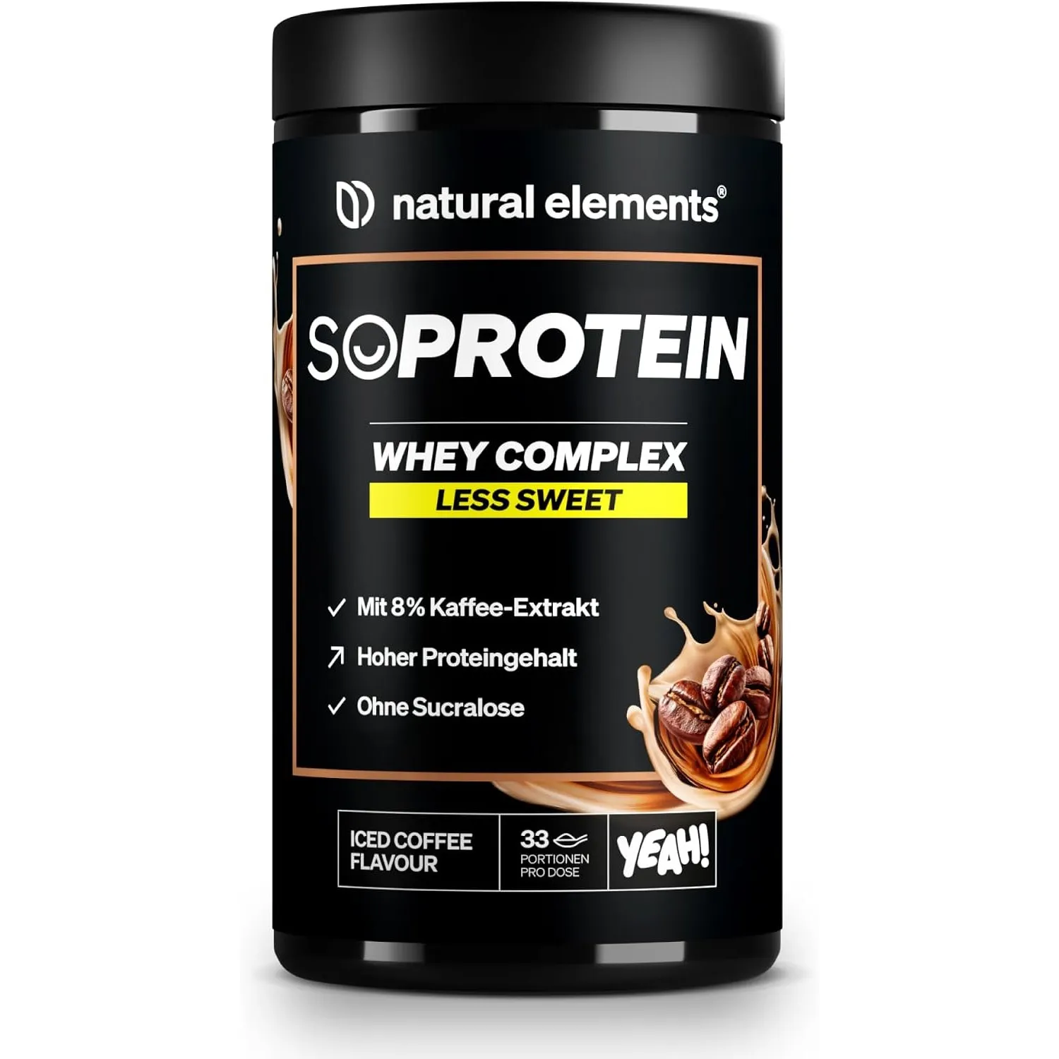 natural elements Whey Protein Pulver – Eiskaffee – 1kg – 23g Protein und 2,5g Kaffee-Extrakt pro Portion – für deinen M…