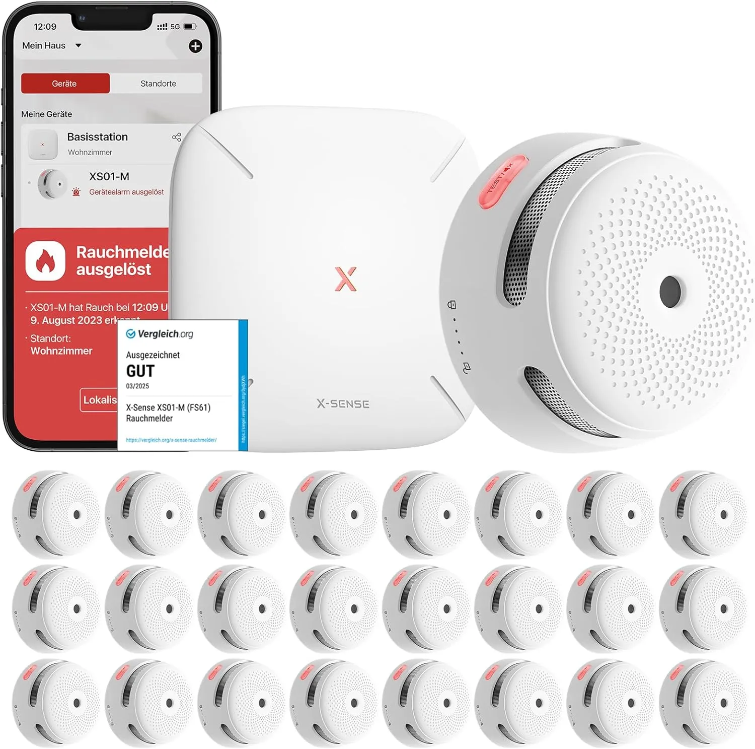 X-Sense Smart Rauchmelder XS01-M mit SBS50 Basisstation, Zertifiziert nach EN 14604, Funkrauchmelder mit WLAN, vernetzbarer Feuermelder, kompatibel mit der X-Sense Home Security App, FS241, 24 Stück