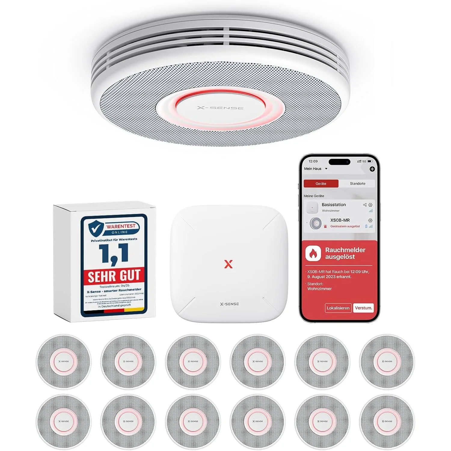 X-Sense Smarter Rauchmelder WLAN mit Sprachausgabe und 17 Standorten, Feuermelder, Rauchmelder vernetzt, 33 mm, Brandme…