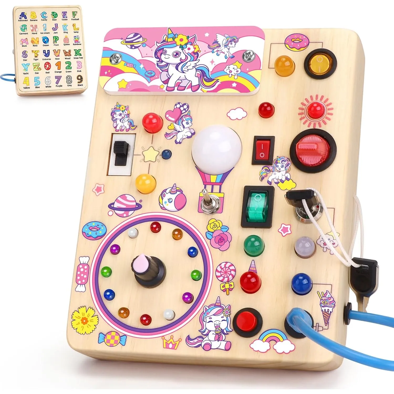 Unicorn Busy Board Montessori Spielzeug ab 1 jahr Activity Board Holzspielzeug Mit 10 Schaltern und 23 LED Lichtern Sen…