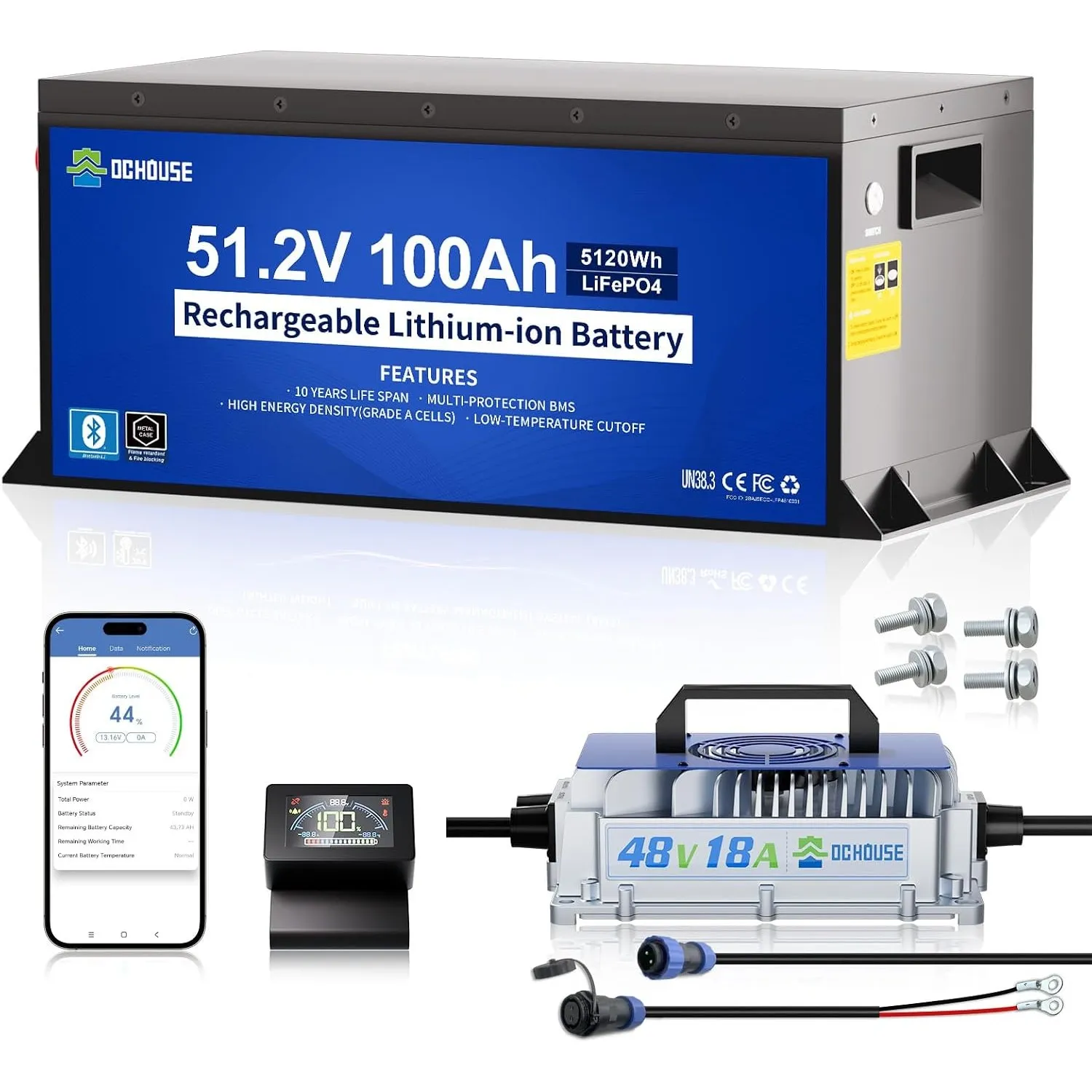 DCHOUSE 48V 100Ah Lithium Batterie mit 18A Ladegerät für Golfwagen und RV