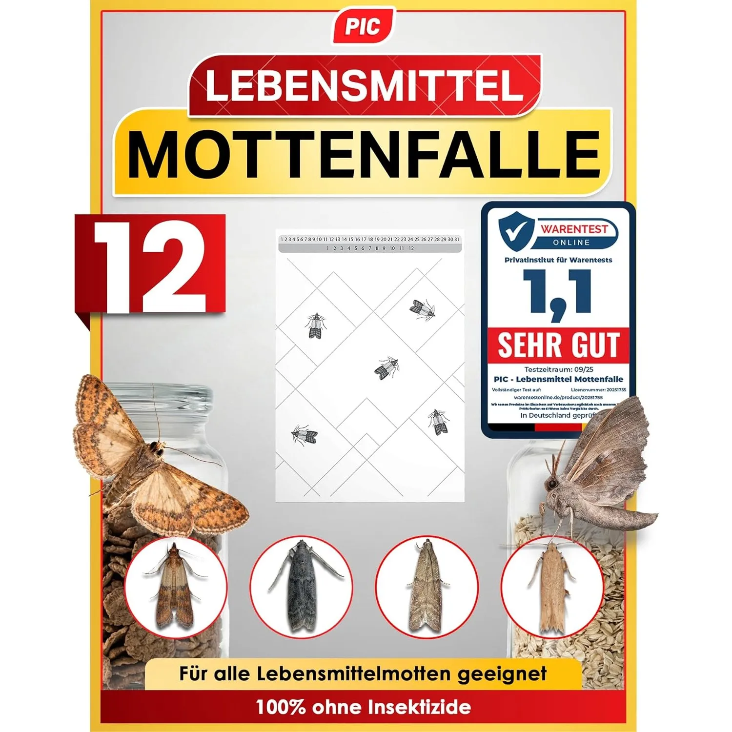 PIC Lebensmittelmotten Falle, 12 Stück Starke Pheromonfallen gegen Motten