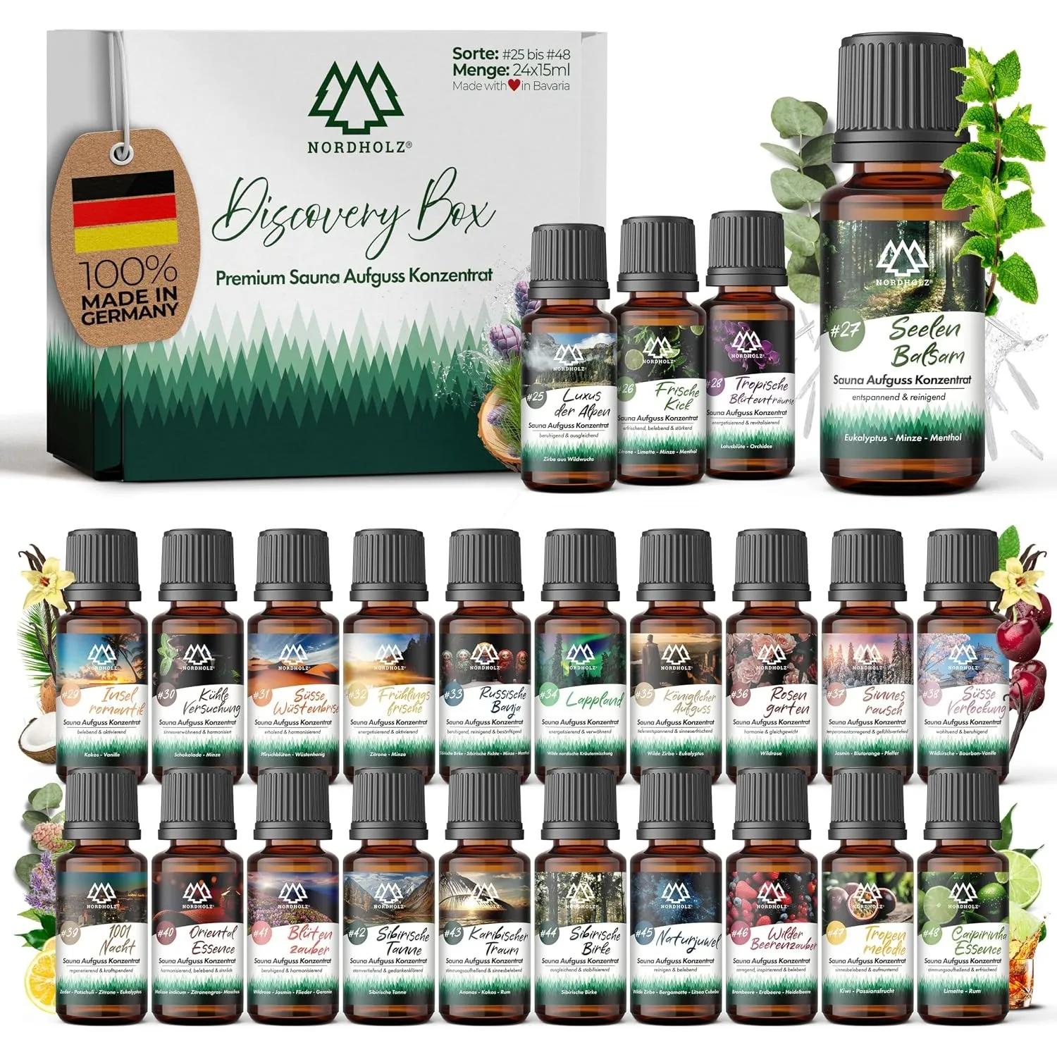 NORDHOLZ® Saunaaufguss Discovery Box 24x15ml [ #25-#48 NATURREINE ÄTHERISCHE ÖLE] Sauna Aufgussmittel - Sauna Aufguss a…