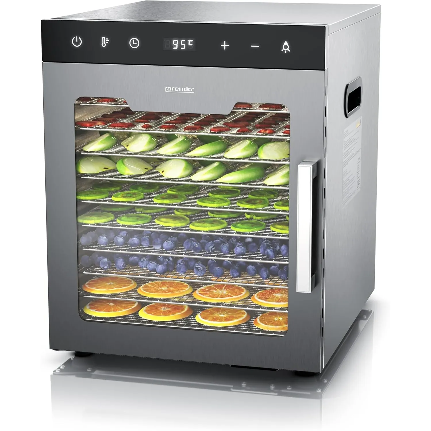 Arendo - Dörrautomat Edelstahl mit 10 Edelstahlgitter - 800 W - 35°-85°C - 10 Edelstahl Einlegetabletts mit insgesamt 8…