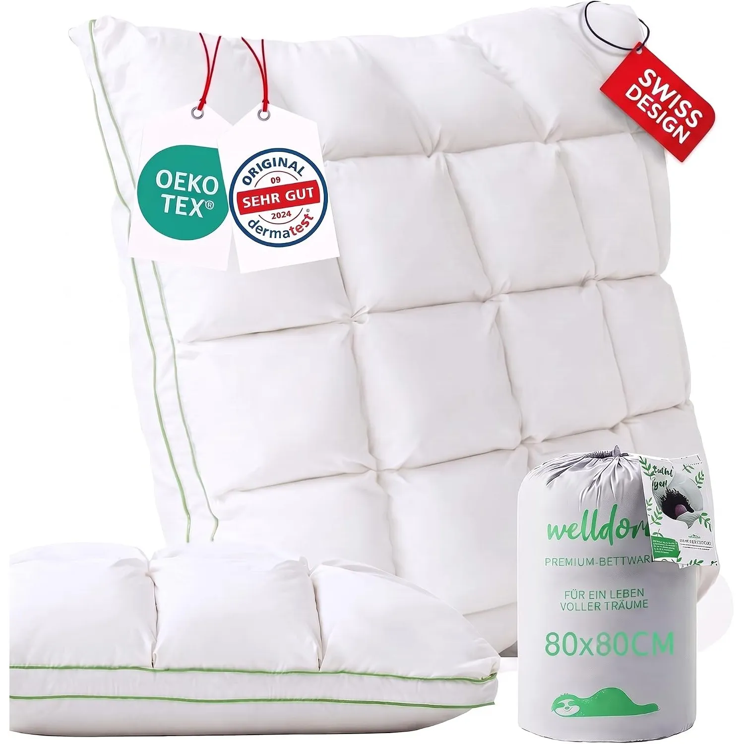 Welldora Premium Kopfkissen 80x80, 100% Daunenfasern & Federn, mittelfest
