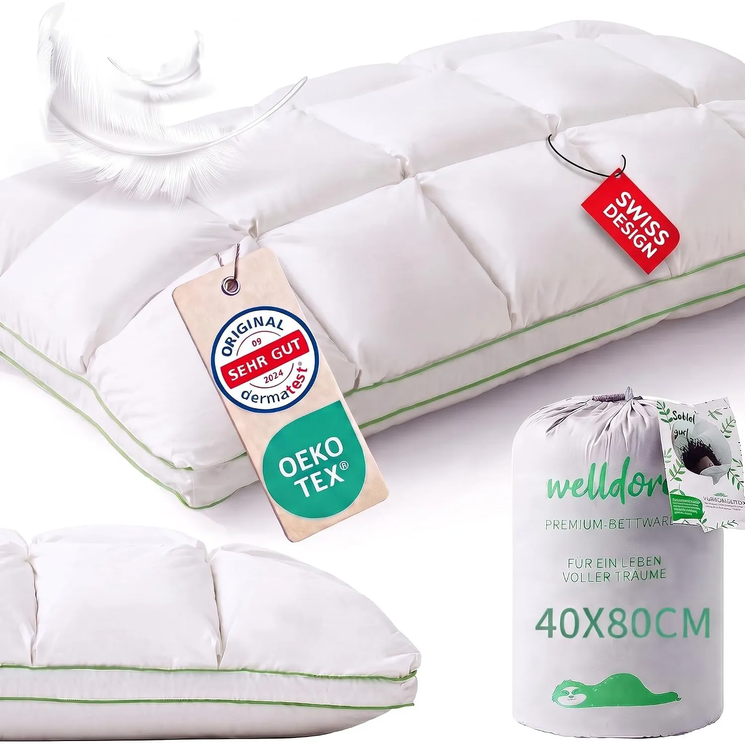 Welldora Premium Kopfkissen 40x80, 100% Daunenfasern & Federn, mittelfest