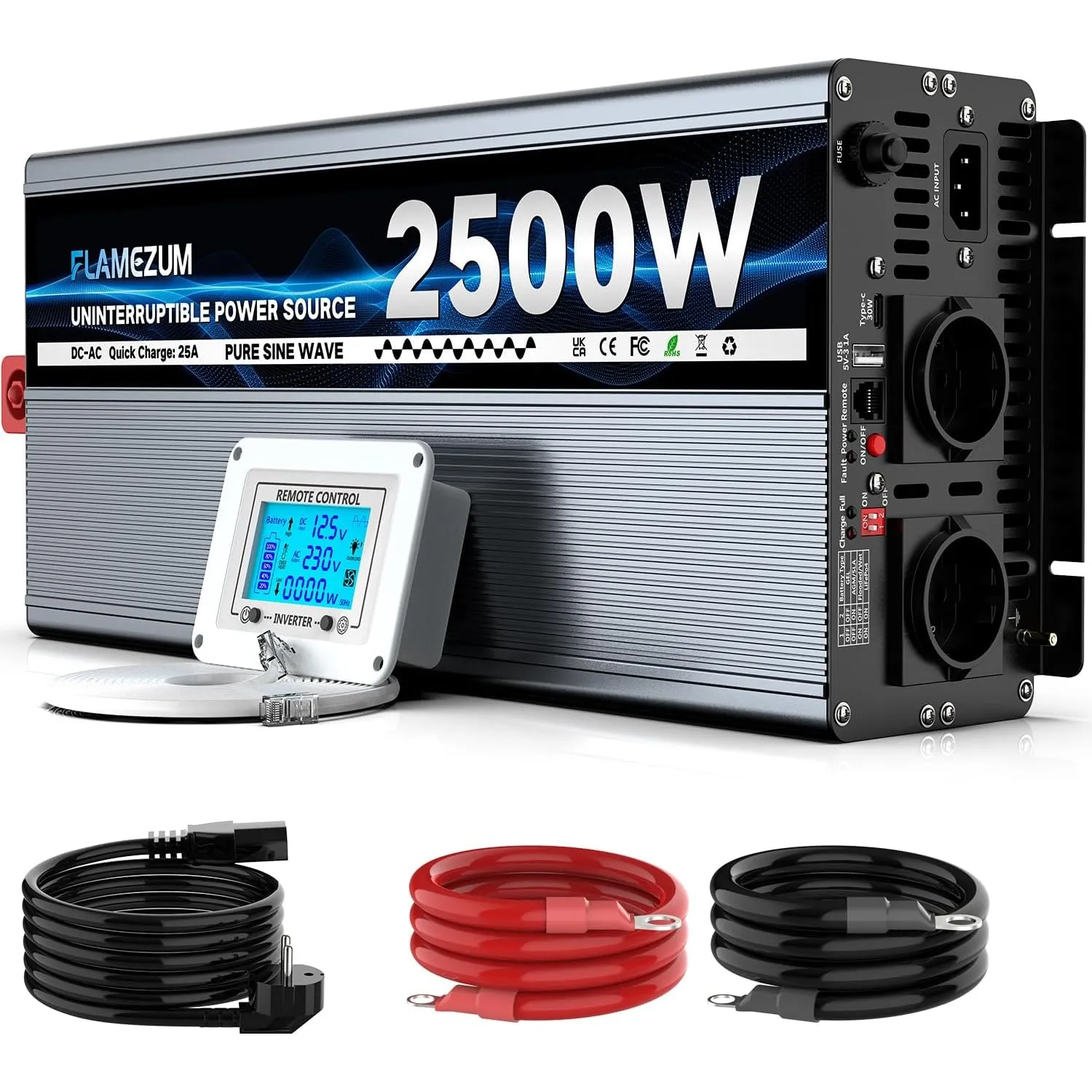 2500W Wechselrichter 12V auf 230V Reiner Sinsus Spannungswandler mit Netzvorrangschaltung,25A-Ladefunktion,USV,Fernbedi…