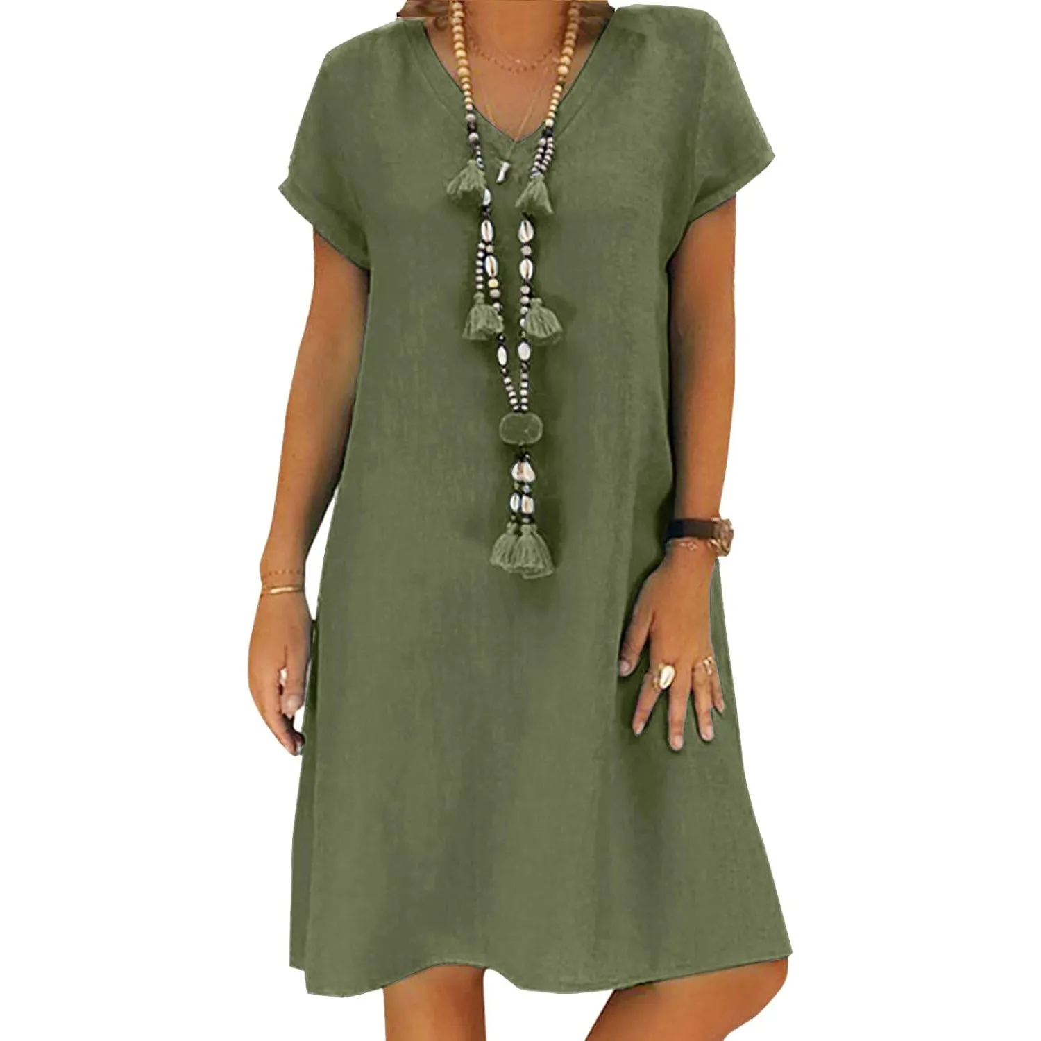 Tincini Sommerkleid Damen Leinen Kleider Casual V-Ausschnitt Midikleid Kurzarm A-Linie Kleid Strandkleid Ohne Zubehör
