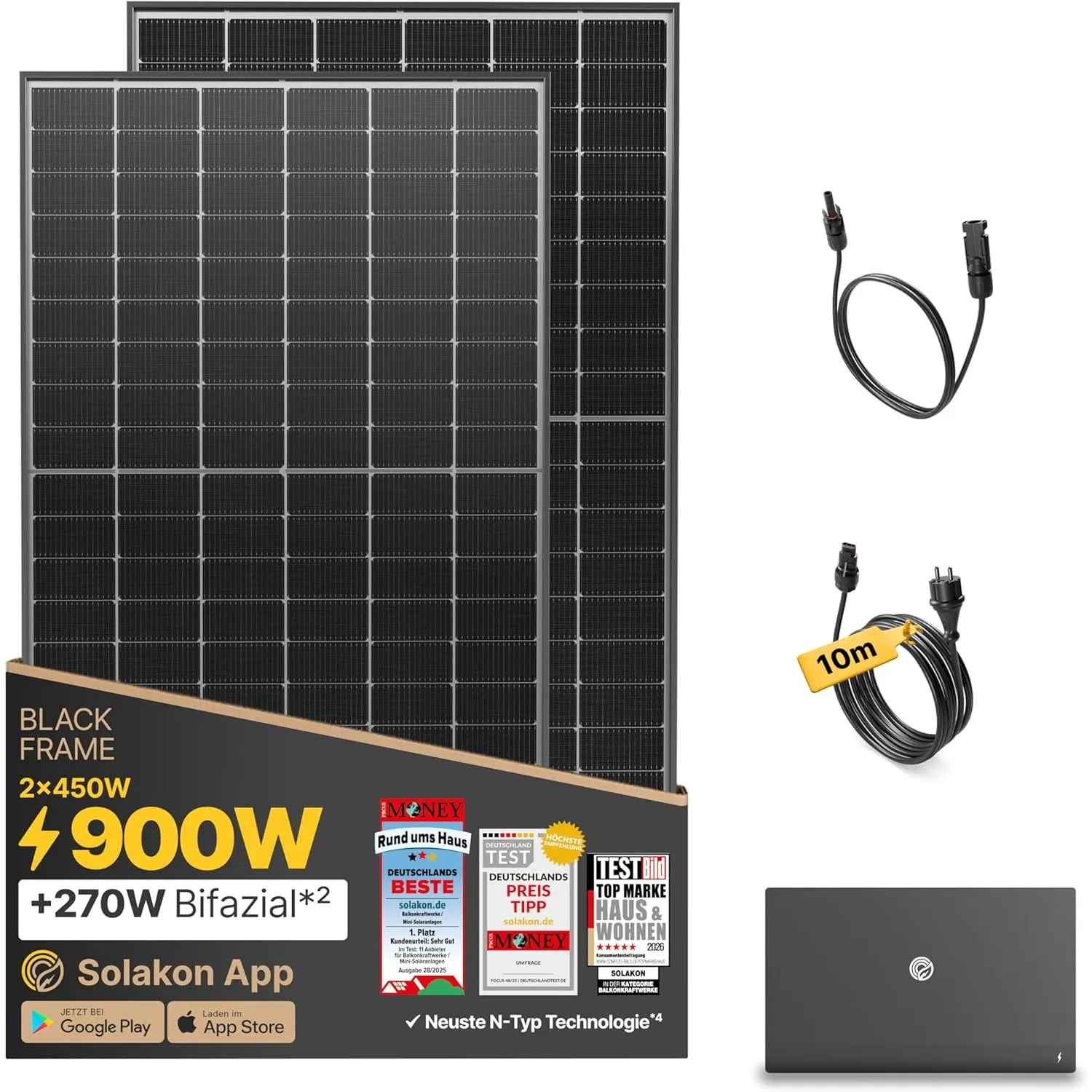 Solakon® 900W Balkonkraftwerk mit Speicher - Balkonkraftwerk 800W komplett Steckdose - 2kWh Solakon ONE Speicher mit 80…