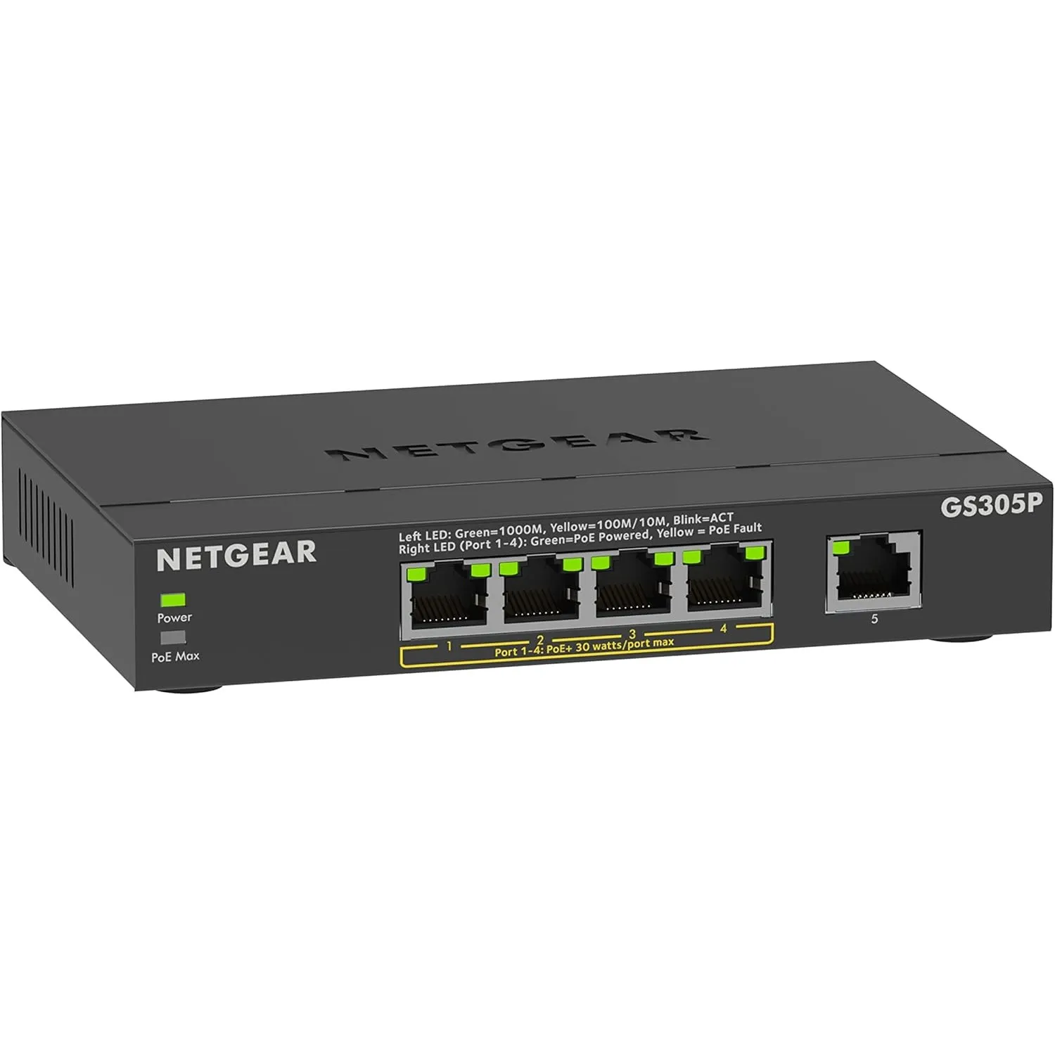 NETGEAR PoE Switch 5 Port Gigabit Ethernet LAN Switch PoE+ mit 4 Port bei 63 W (GS305P), Desktop- oder Wandbefestigung