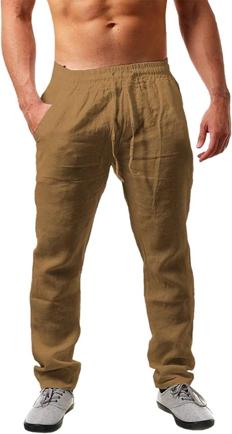 NEMXCE Linen Trousers Men's Long Lightweight Summer Trousers Men's Loose Fit Casual Trousers with Pockets Drawstring fo…