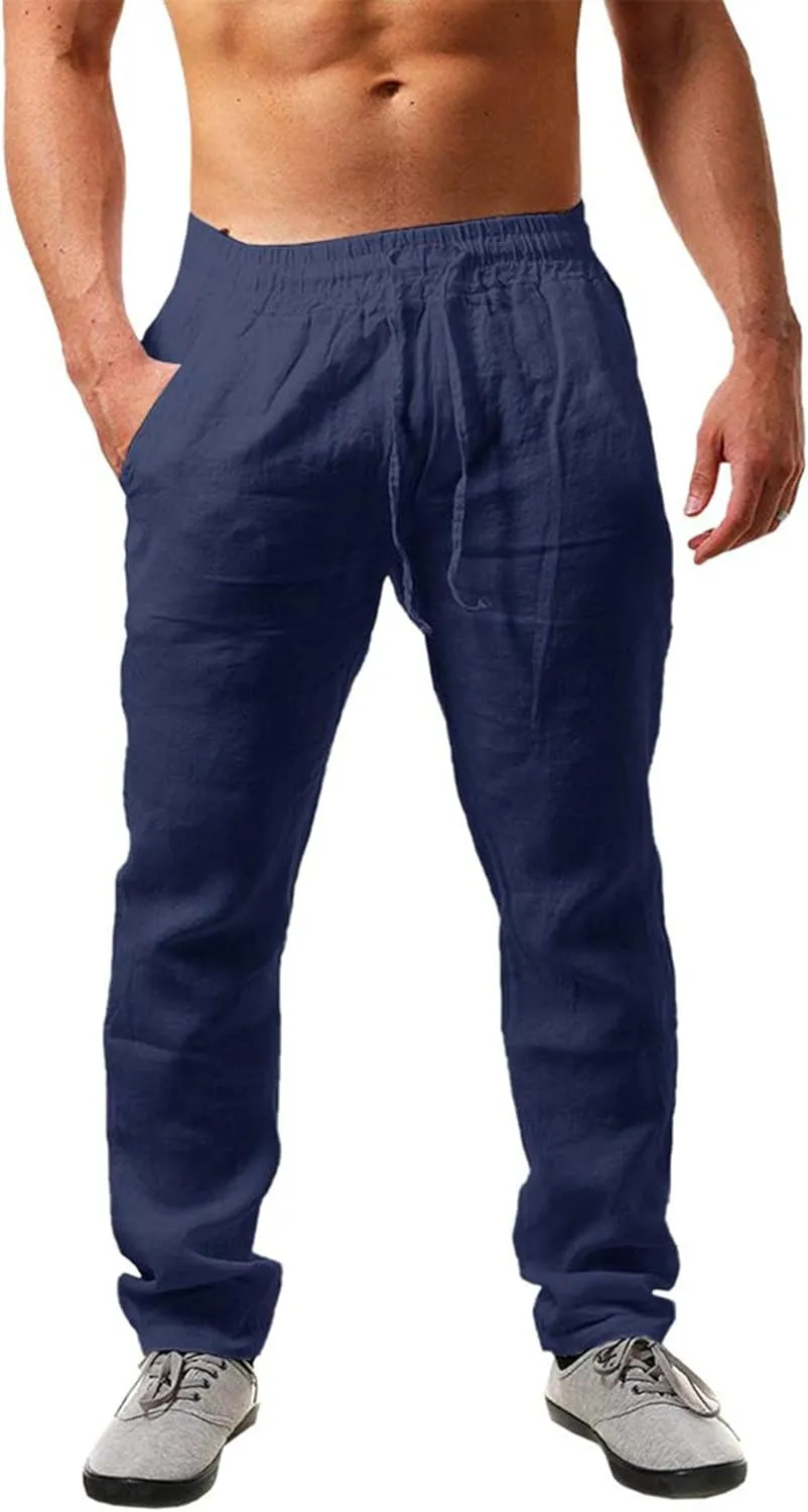 NEMXCE Linen Trousers Men's Long Lightweight Summer Trousers Men's Loose Fit Casual Trousers with Pockets Drawstring fo…