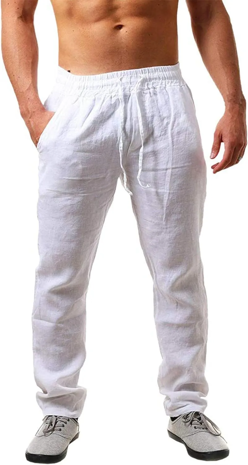 NEMXCE Linen Trousers Men's Long Lightweight Summer Trousers Men's Loose Fit Casual Trousers with Pockets Drawstring fo…