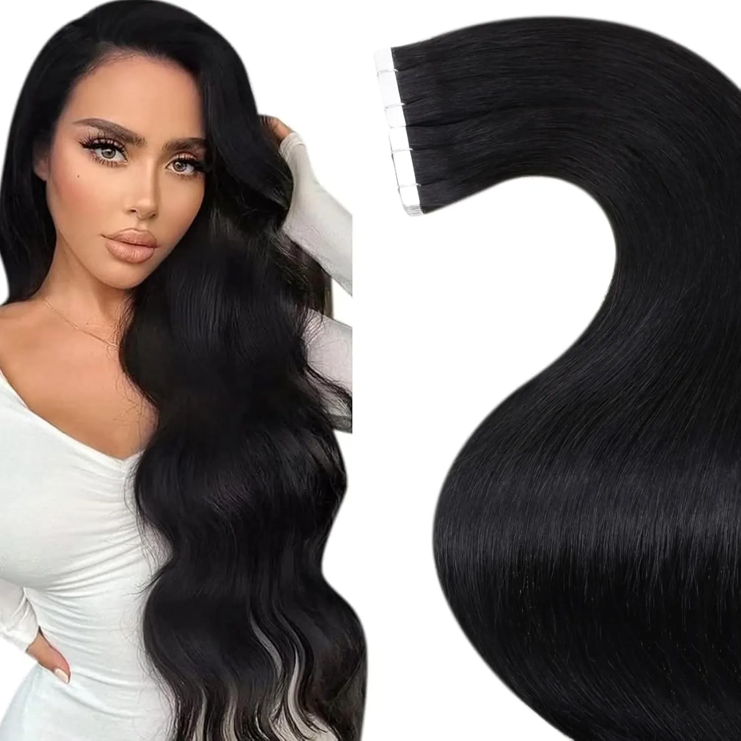 LaaVoo Schwarz Tape Extensions Echthaar 65cm Invisible Echthaar Extensions Tape in Schwarz Remy Glue in Extensions Echt…