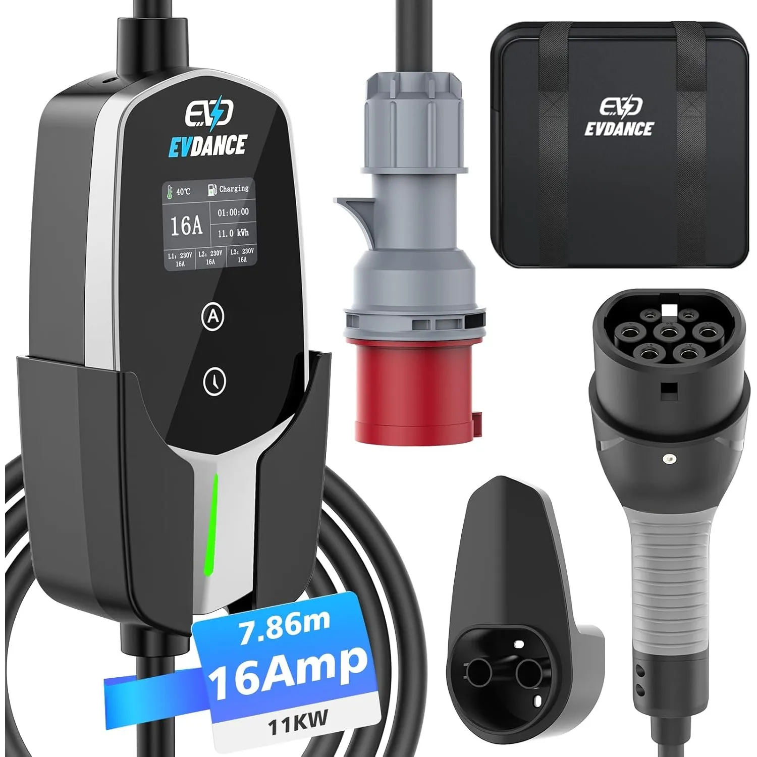 EVDANCE Mobile Wallbox 11kW Typ 2 Ladekabel CEE 16A auf Typ 2 | [7.8m 3-Phasig 6-16A] mit Einstellbarer Ladeleistung fü…