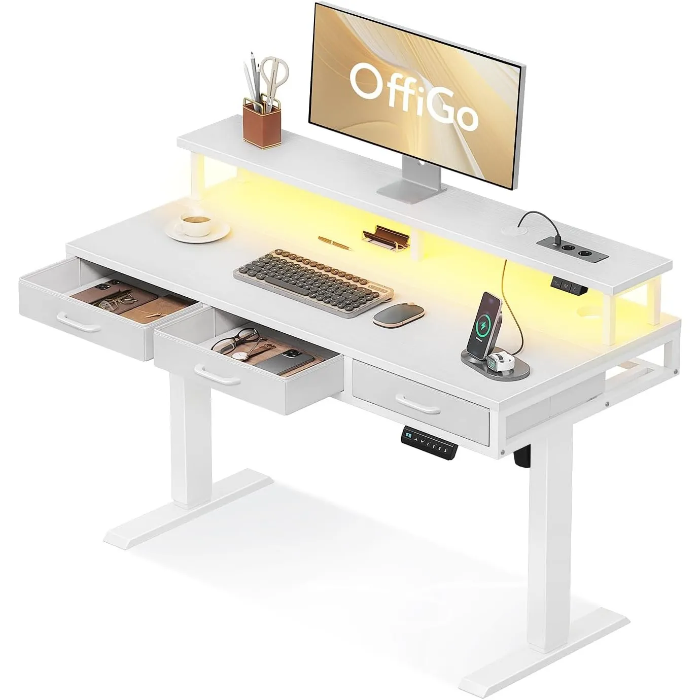 OffiGo Höhenverstellbarer Schreibtisch mit Schubladen, 120cm, Weiß | Mit Monitorständer und Schubladen, inkl. Steckdose…