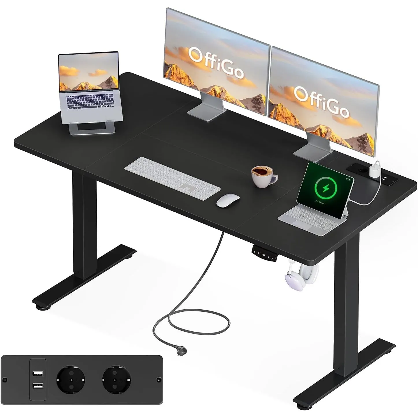 OffiGo Höhenverstellbarer Schreibtisch mit Steckdosen, 160x80cm, Schwarz | Elektrischer Schreibtisch mit USB Ladeanschl…