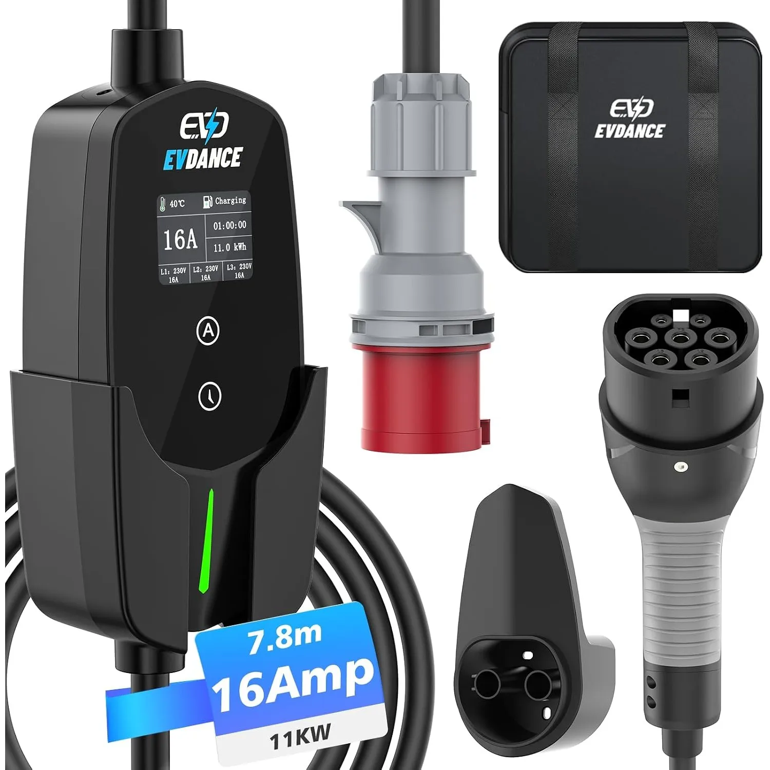 EVDANCE Mobile Wallbox 11kW Typ 2 Ladekabel CEE 16A auf Typ 2