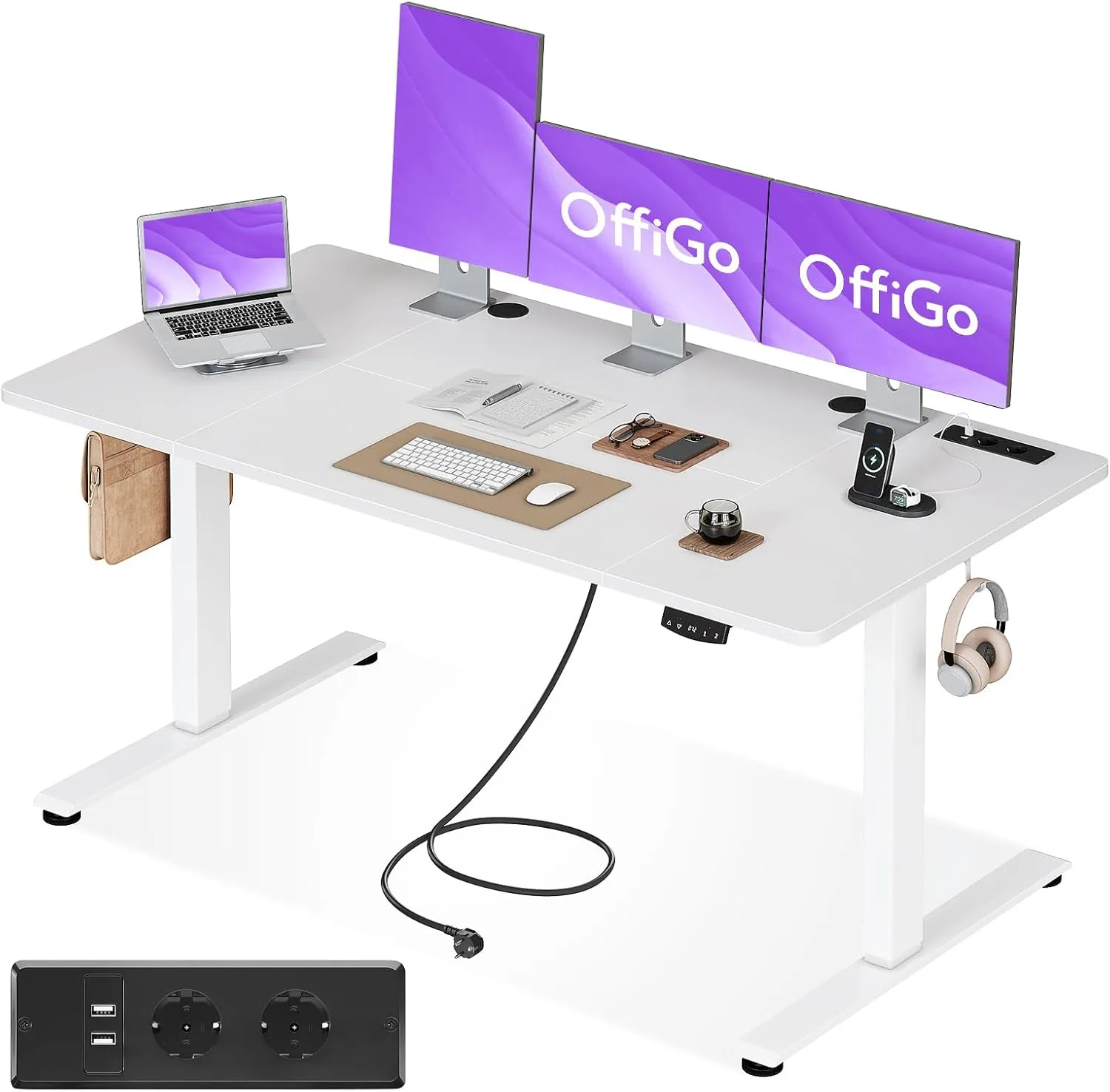 OffiGo Höhenverstellbarer Schreibtisch, 160x80cm Elektrischer Schreibtisch mit Steckdosen und USB Ladeanschluss, Tisch …
