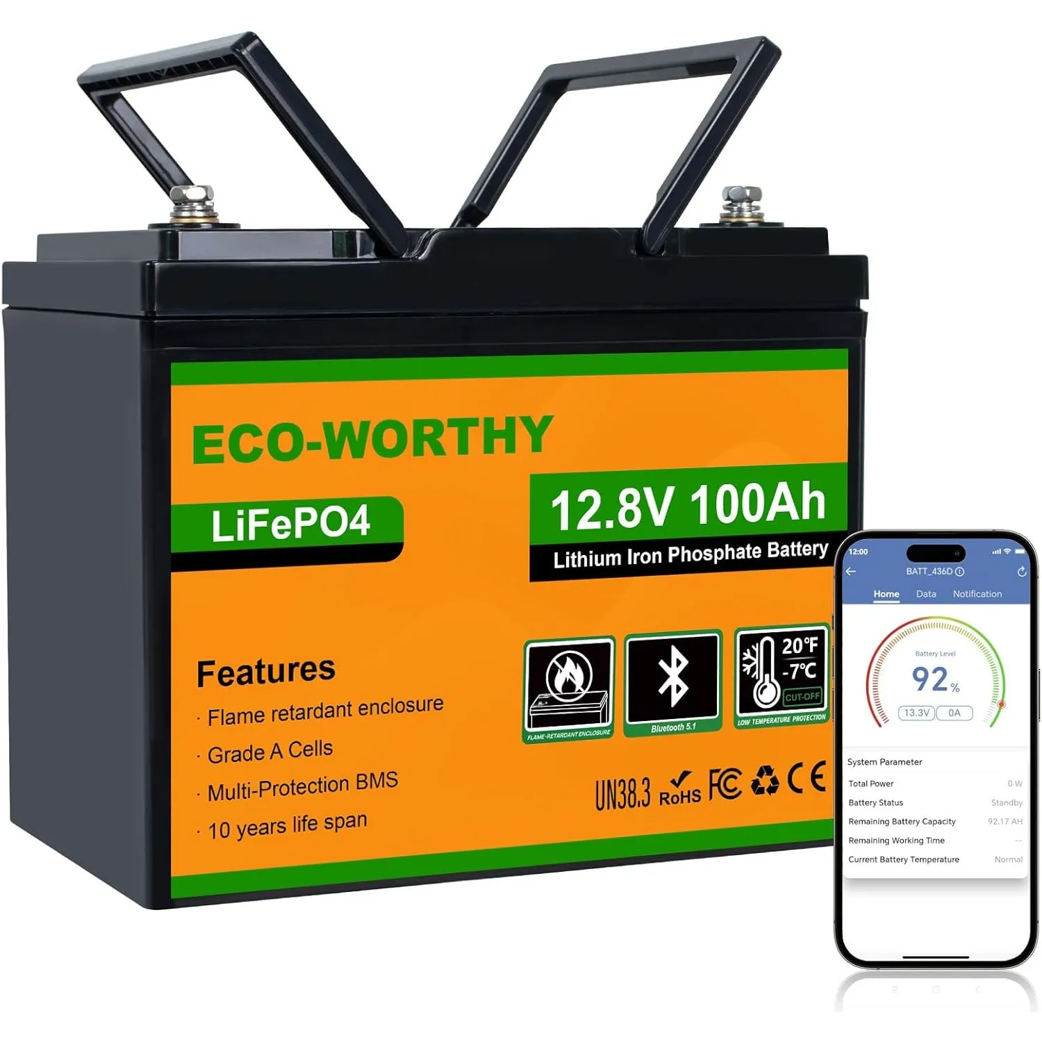 ECO-WORTHY 12V 100Ah LiFePO4 Bluetooth mit BMS Low Temperature Schutz,1280Wh Lithium Batterie 12V 100Ah Autobatterie fü…