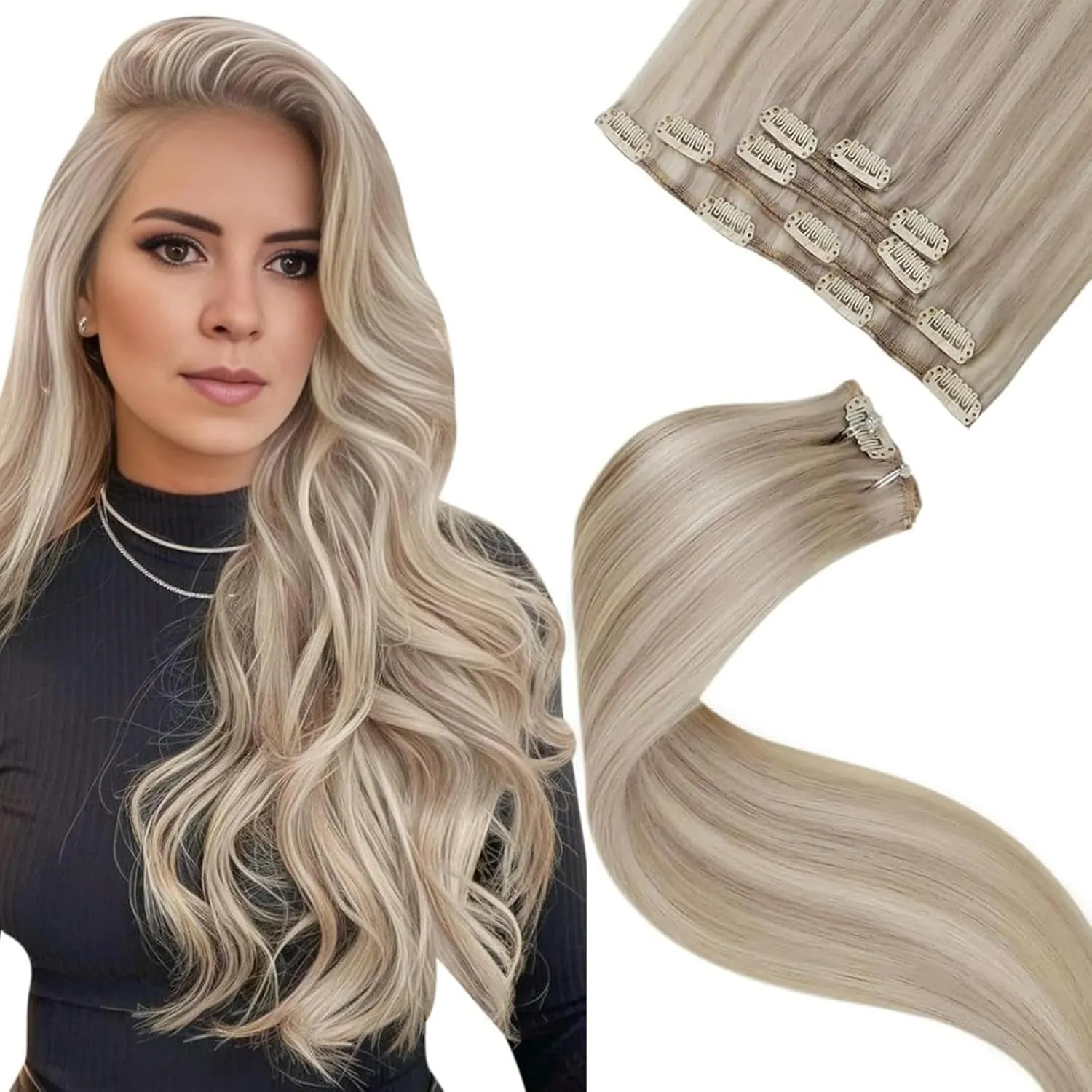 LaaVoo Echthaar Extensions Clip Blond Remy Haarverlängerung Clip Extensions Aschblond mit Blond 5pcs 80g 45cm #P18/613 …