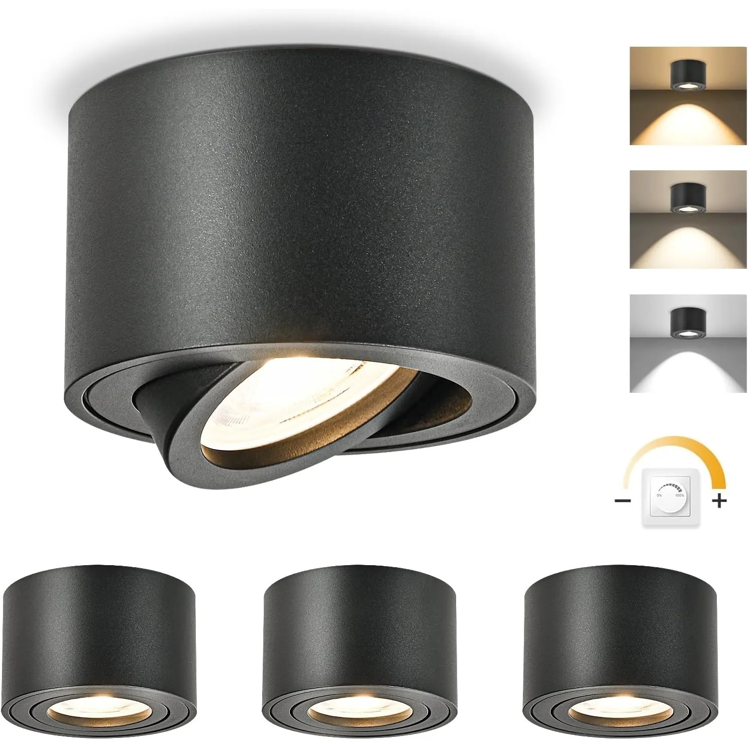 GeyouLux LED Aufbauspots Dimmbar, Ø80x50mm Deckenspots Schwarz Rund 4 Stück