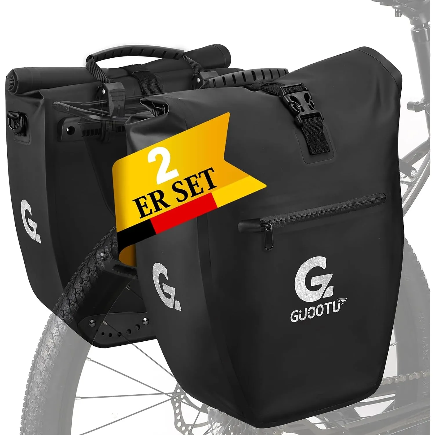 GUOOTU 2 Er Set Fahrradtasche für Gepäckträger 64L,aus Tarpaulin Hinten Gepäckträgertasche mit Reflektoren, mit Tragegr…