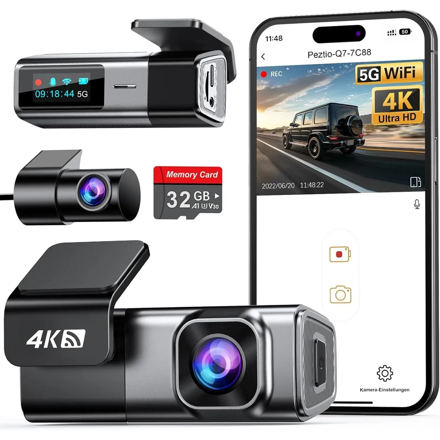 Dashcam Auto Vorne Hinten 4K+1080P, 5GHz WiFi Dash Cam mit 32GB SD Karte