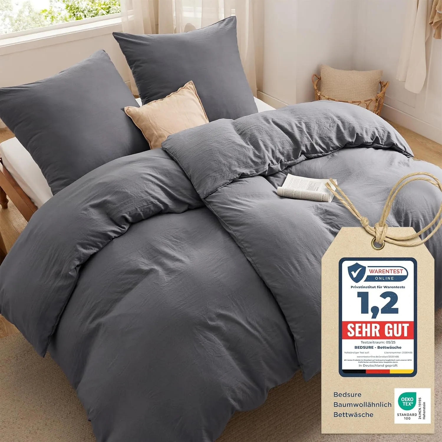 BEDSURE Bettwäsche 135x200 4teilig Baumwollähnlich - Anthrazit, 2 Kissen