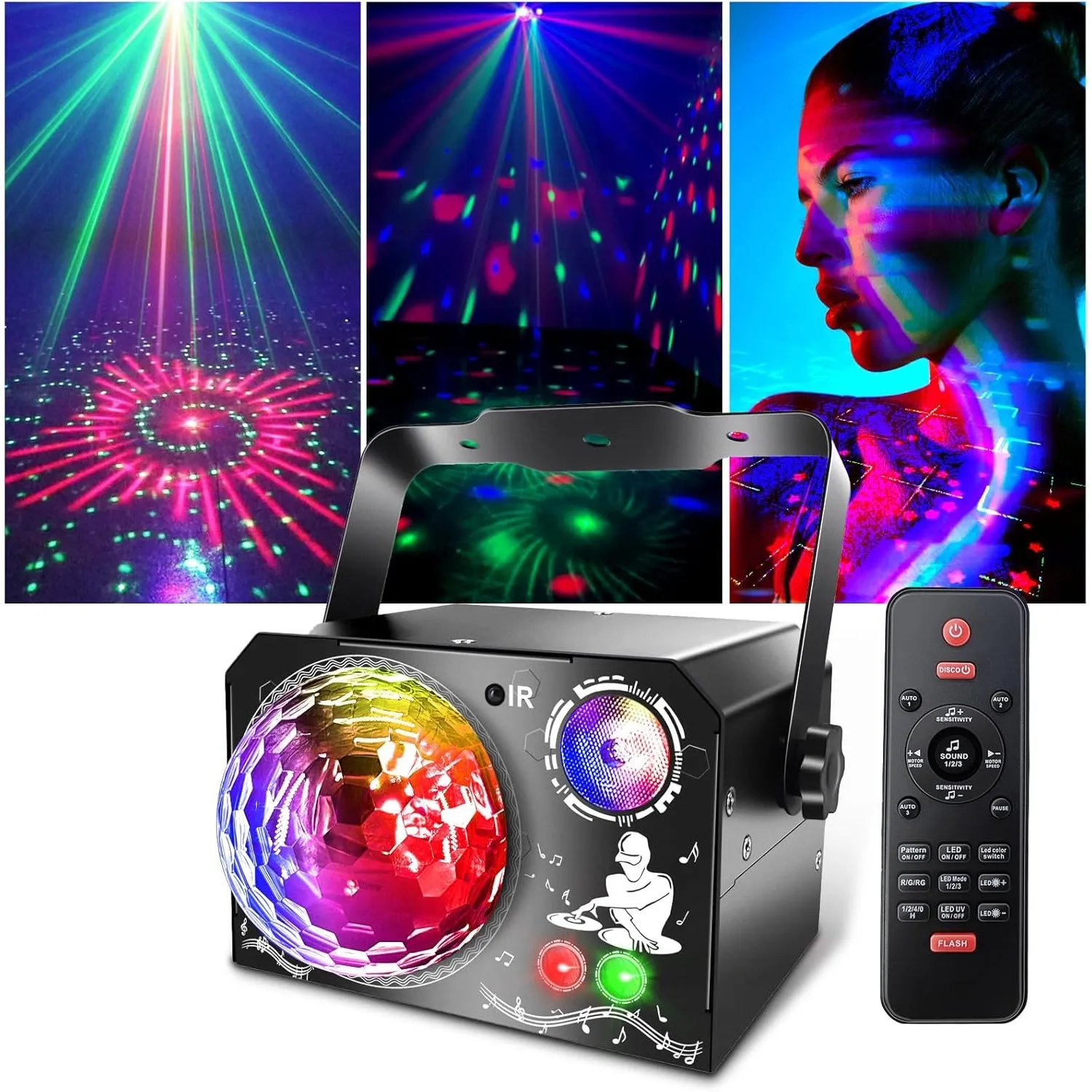 4 in 1 Discokugel, Fwiull DJ Discolicht Partylicht 65 Muster, Musikgesteuert Disco Party Licht, RGB UV Stroboskop, Spra…