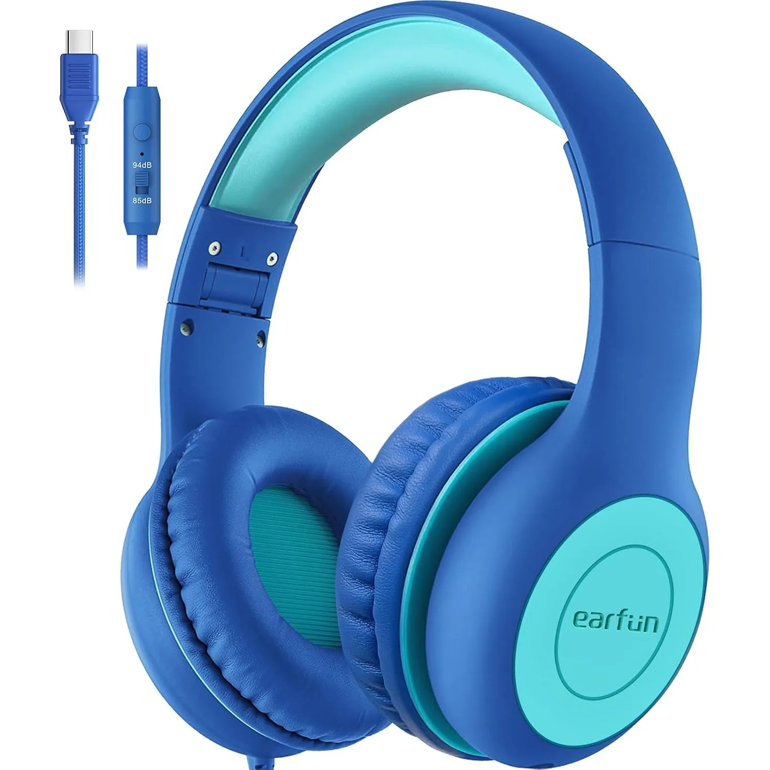 EarFun Kinder Kopfhörer mit USB C Kabel, Lautstärkebegrenzung, Blau-grün