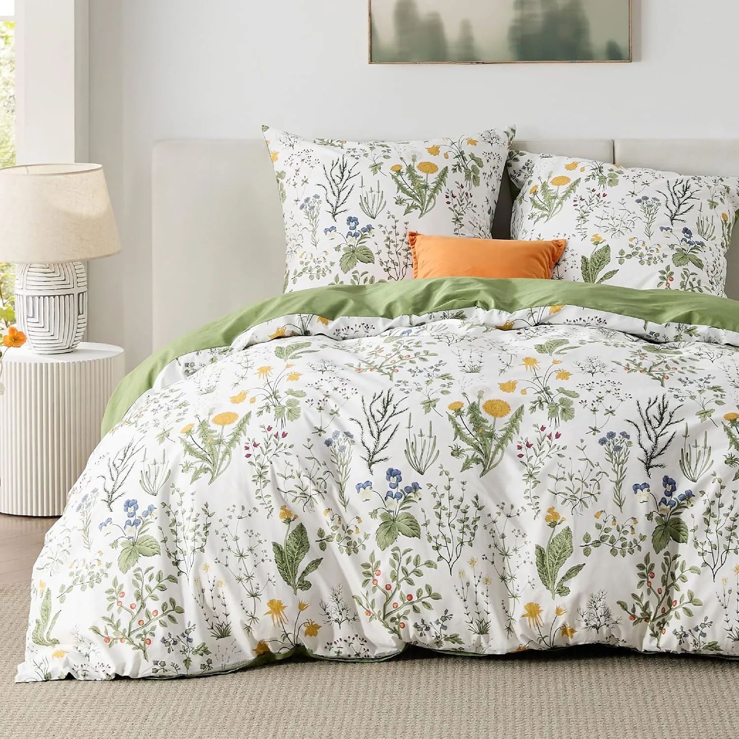 BEDSURE Bettwäsche 220x240 Baumwolle 3teilig - Salbeigrün Blumen