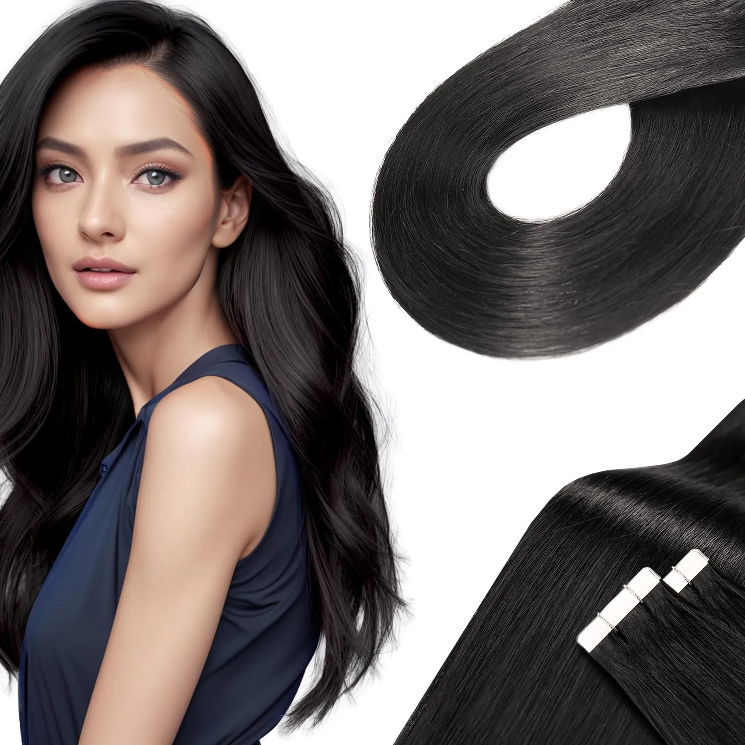Tape Extensions Echthaar Off Schwarz 55cm, 20Stück, 50g/Packung, Salon-Klasse Qualität, Einfaches und Angenehmes Tragen…