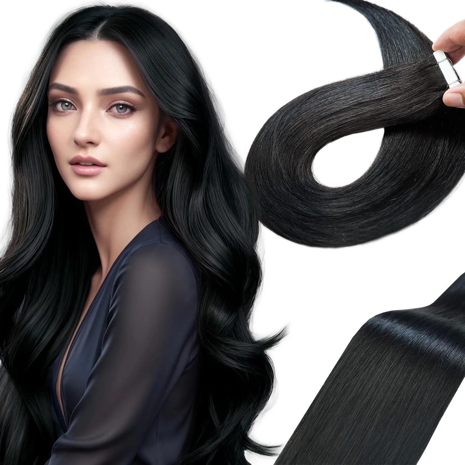 Tape Extensions Echthaar Tiefschwarz 40cm, 20Stück, 40g/Packung, Salon-Klasse Qualität, Einfaches und Angenehmes Tragen…