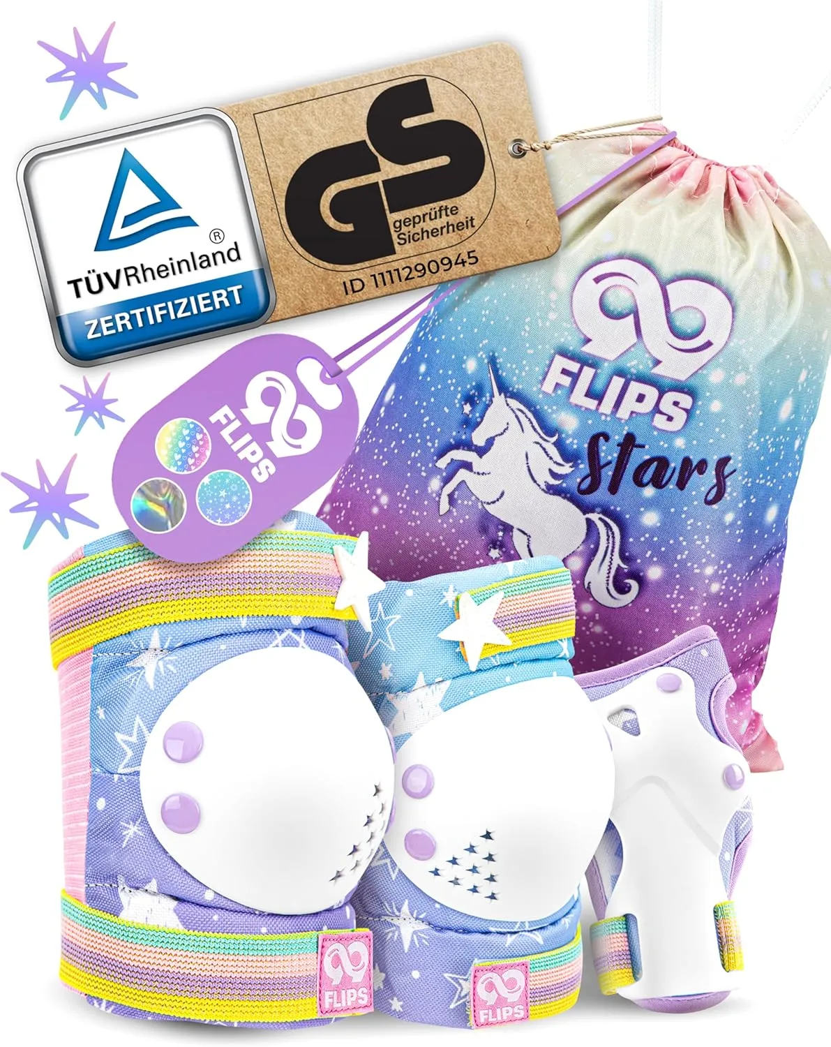 99FLIPS Inliner Schoner Kinder Set - TÜV Rheinland GS Zertifiziert [6er Set] mit Einhorn Beutel für Skateboard und Inli…
