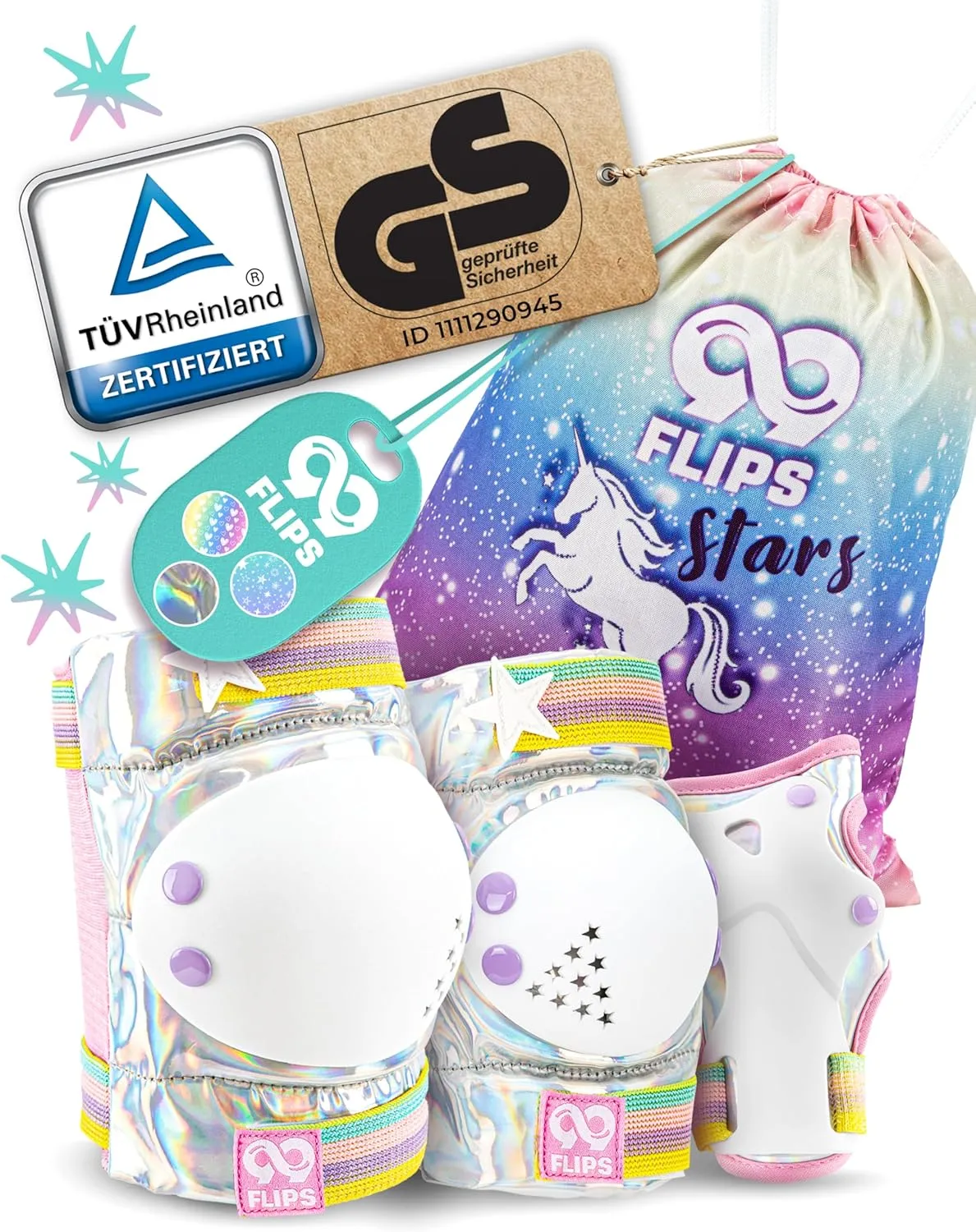99FLIPS Inliner Schoner Kinder Set - TÜV Rheinland GS Zertifiziert [6er Set] mit Einhorn Beutel für Skateboard und Inli…