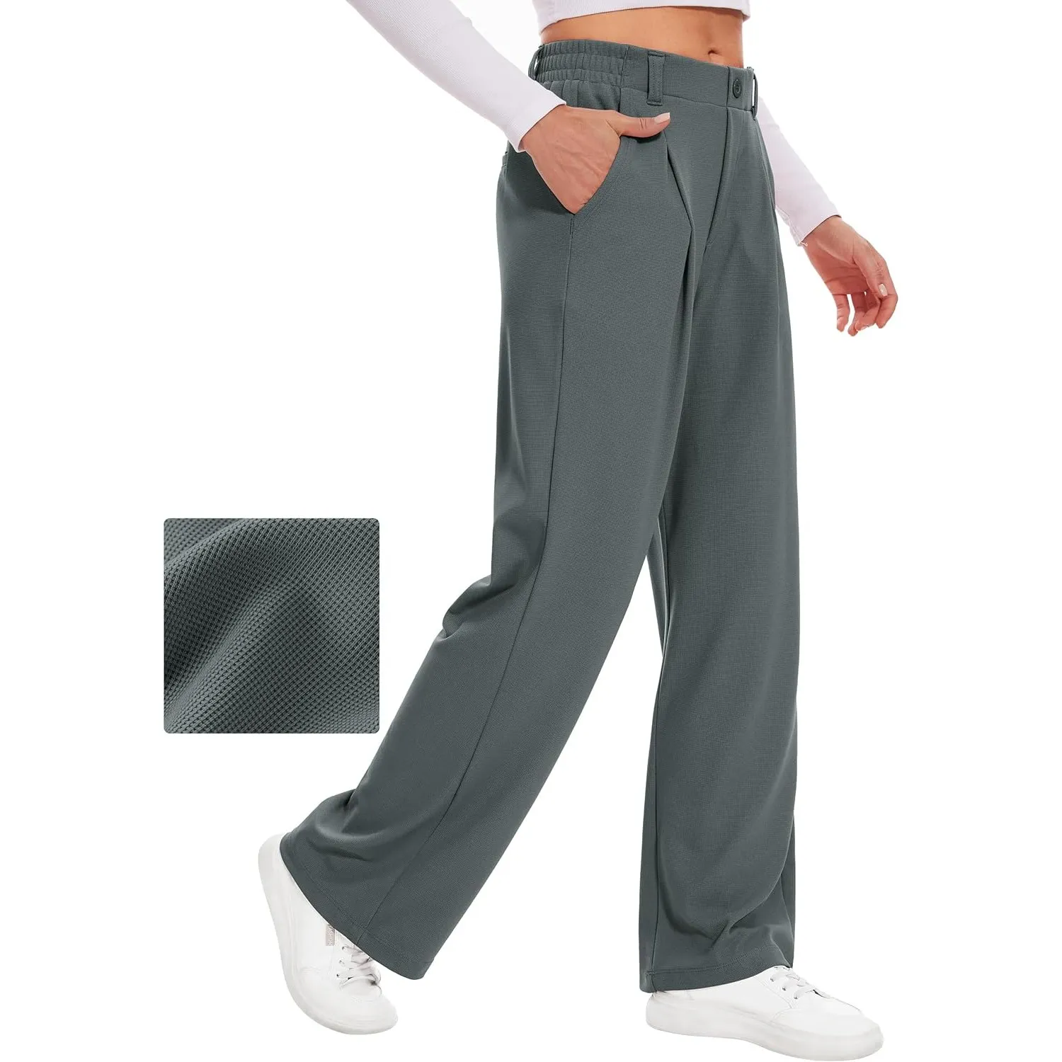 Desol Hosen Damen Waffel Lang Palazzo Hose Elegant Stoffhose Anzughose Damen Weite Sommerhose mit Taschen High Waist Ho…