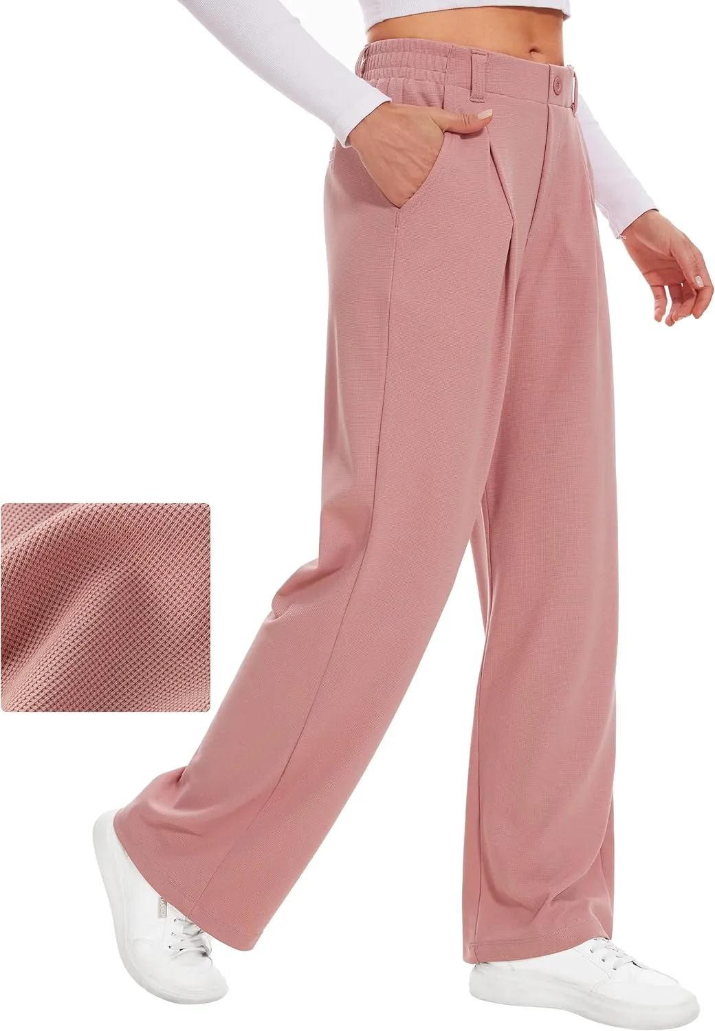Desol Hosen Damen Waffel Lang Palazzo Hose Elegant Stoffhose Anzughose Damen Weite Sommerhose mit Taschen High Waist Ho…