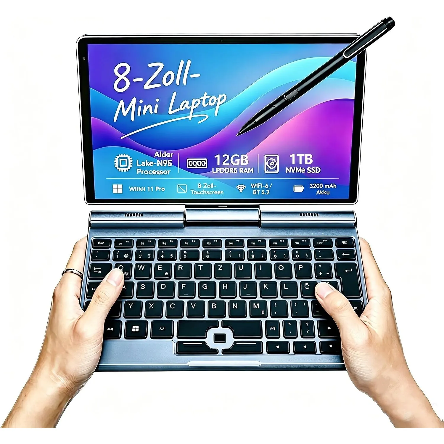 8-Zoll 2-in-1 Mini-Laptop mit QWERTZ-Tastatur, drehbarem HD-Touchscreen