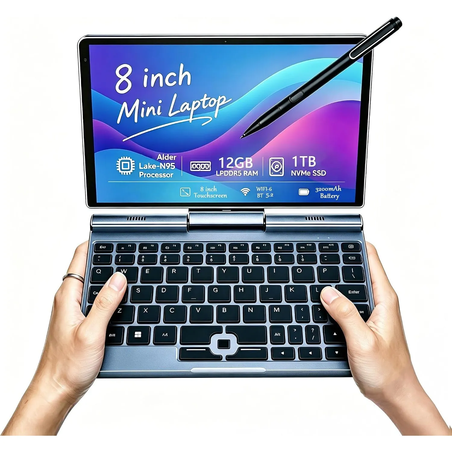 8-Zoll 2-in-1 Mini-Laptop mit QWERTZ-Tastatur, drehbarem HD-Touchscreen