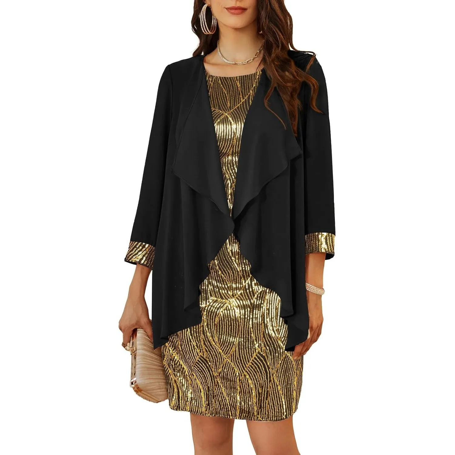 GRACE KARIN Damen Ärmelloses Rundhals Pailletten Cami Kleid Elegant Zweiteiler Tüll Cardigan Abendkleider für Party