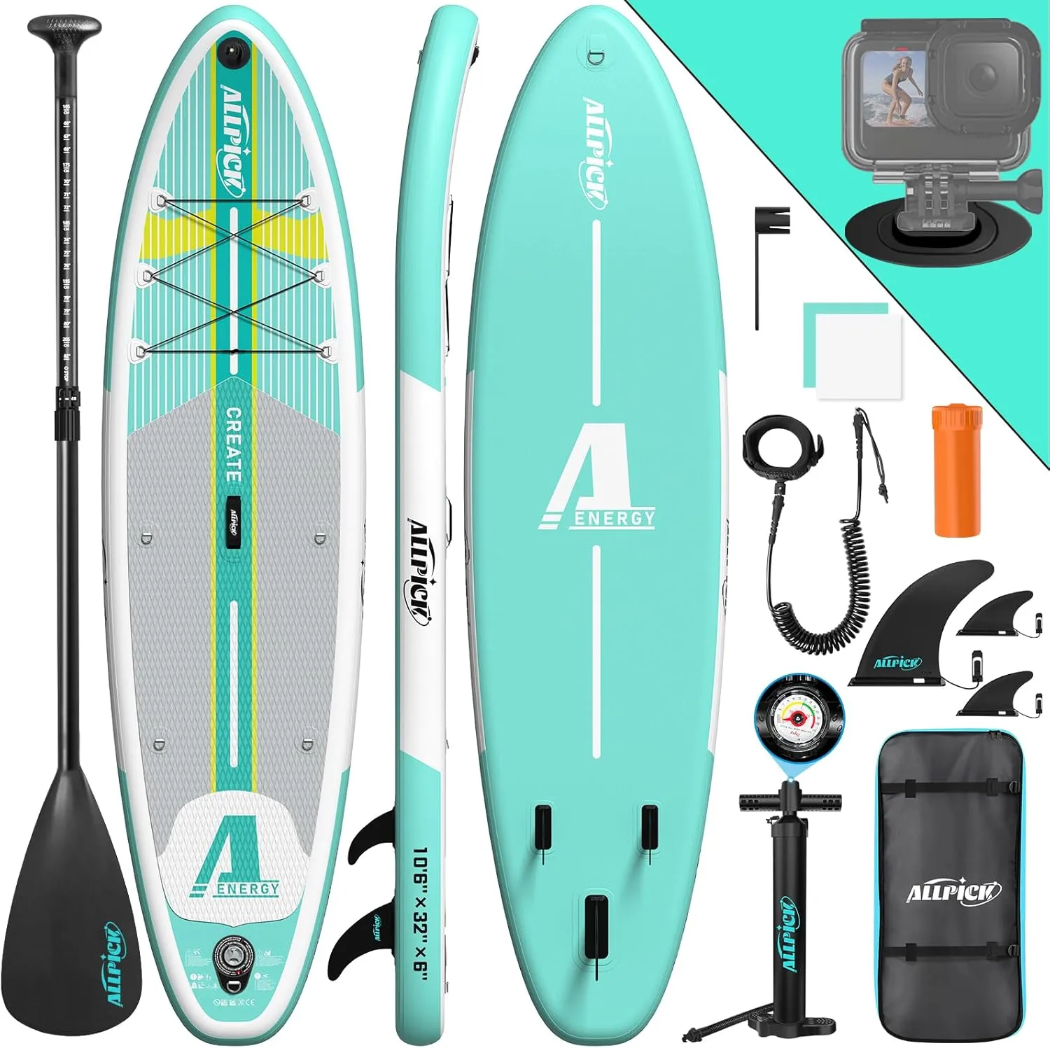 ALLPICK Premium SUP Board Set, Stand Up Paddling Board Inflatable with Universal Camera Mount, Complete Accessories, Ad…