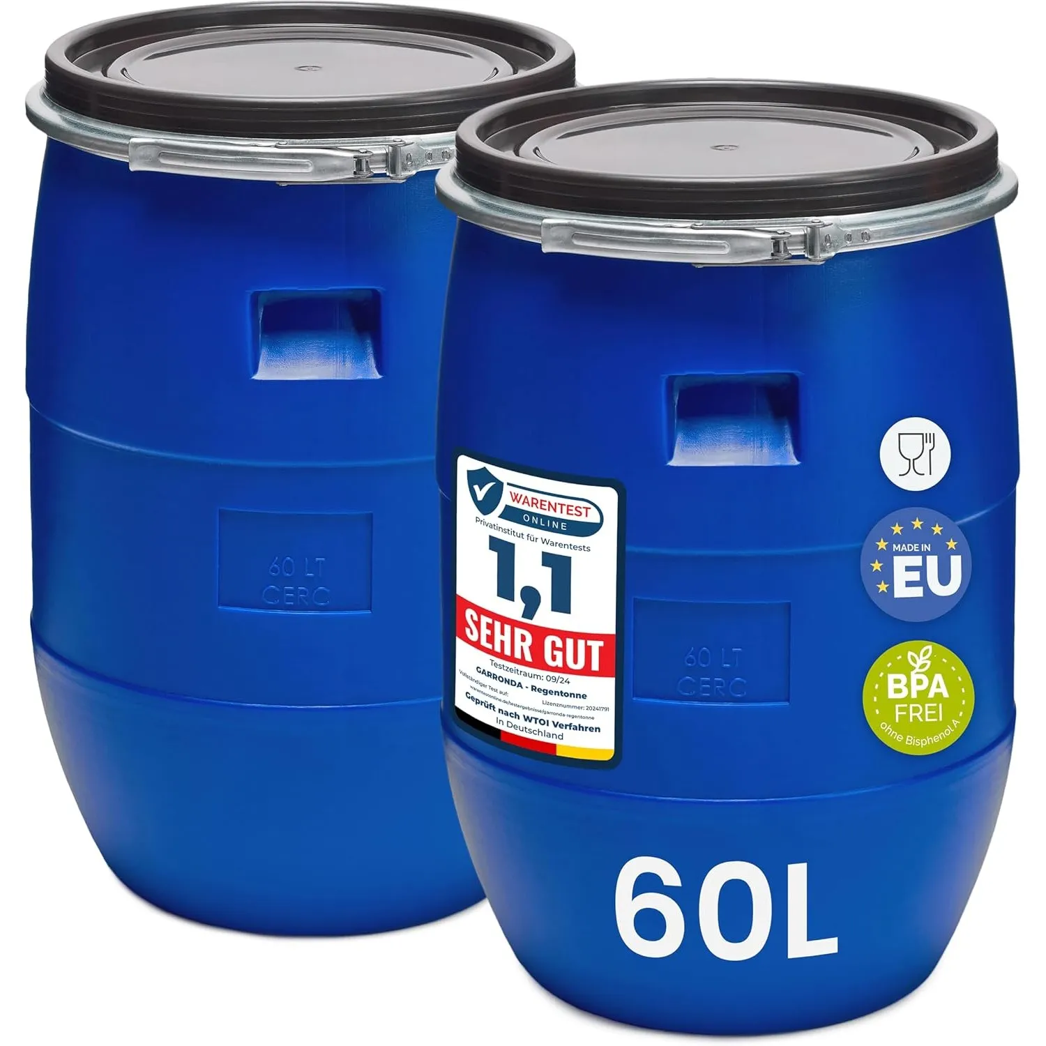 Garronda Set 2X 60 Liter Deckelfass Weithalsfass aus HDPE Regenfass für Garten Fass 60l Wassertonne Futtertonne Wasserb…