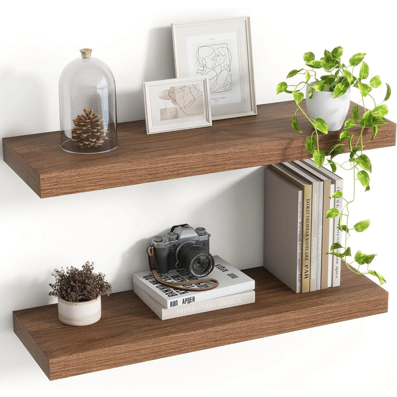 Acovy 60 cm Schweberegale 2er Set, 19,5 cm Tiefe Nussbaumoptik Wandregale