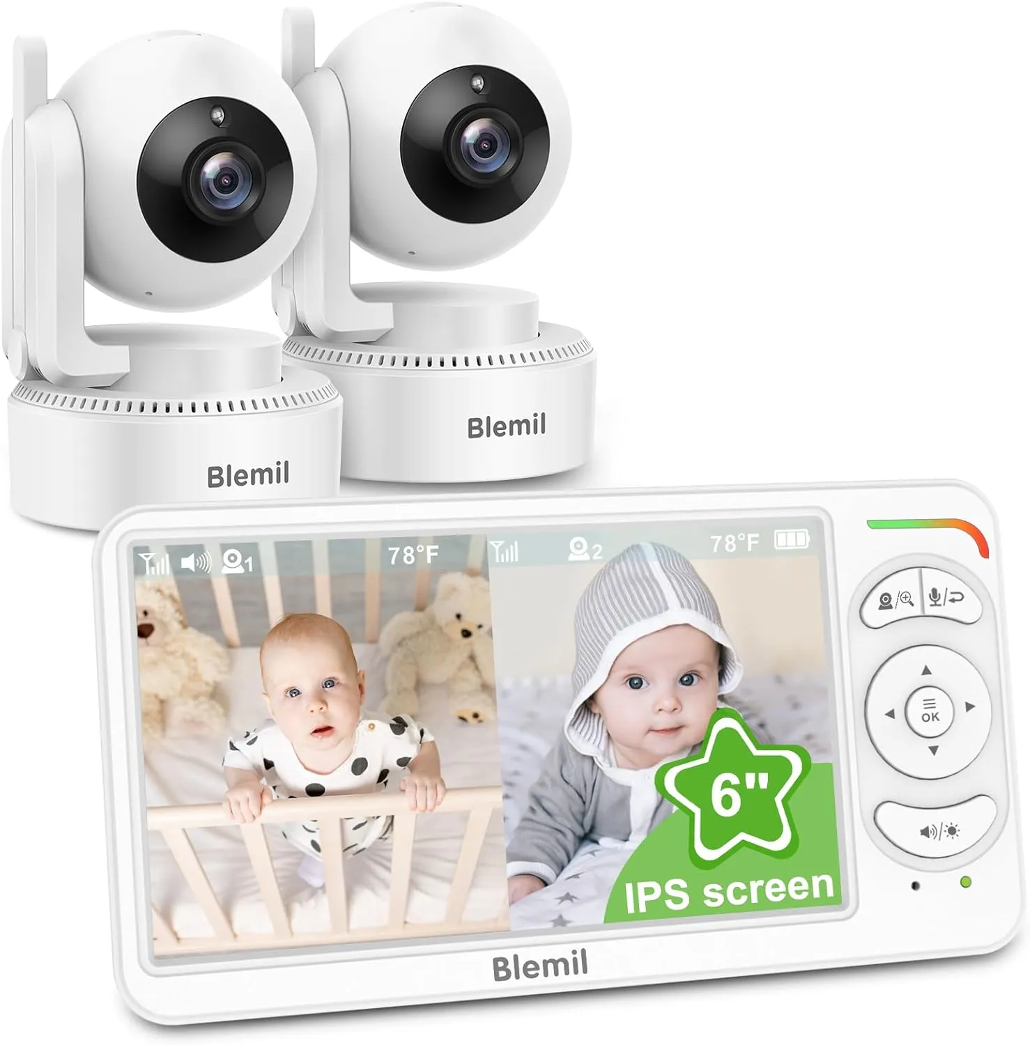 Blemil Babyphone, Video Babyphone mit 2-Kameras und Audio, 6 IPS große Split Screen Fernbedienung Schwenk/Neige/Zoom, V…